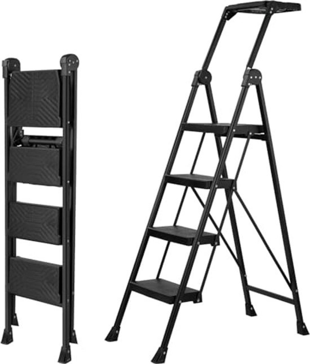 Veiligheidsladder - 4 treden - Opvouwbare ladder - Met handgreep en plank - Huishoudtrap - Tot 200 kg