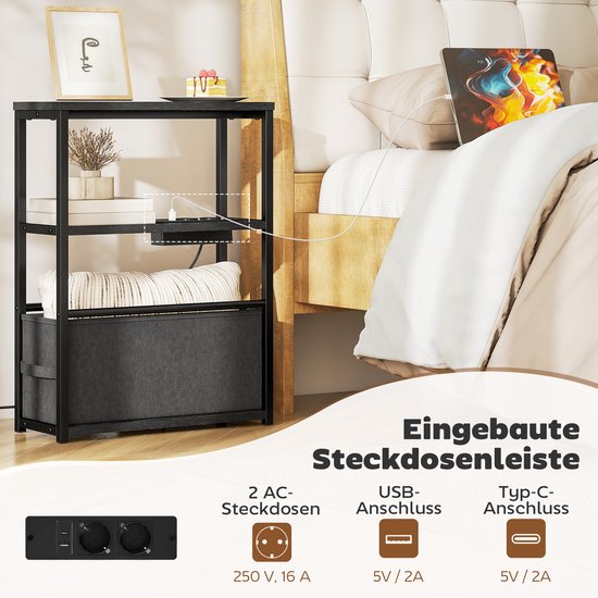 Zwarte bijzettafel met ingebouwde stekkerdoos, inclusief 2 AC-aansluitingen, USB en Type-C poort.
