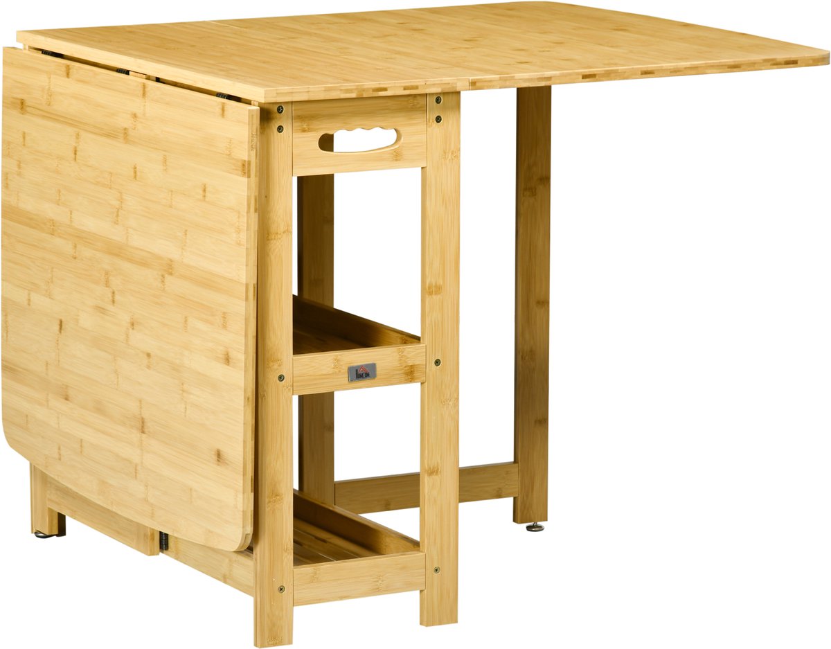 Homona Klaptafel - Eettafel met 2 uitklapbare zijden - Met opbergplanken - Bamboe - 149,5 x 80 x 73,5 cm - Natuurlijk hout