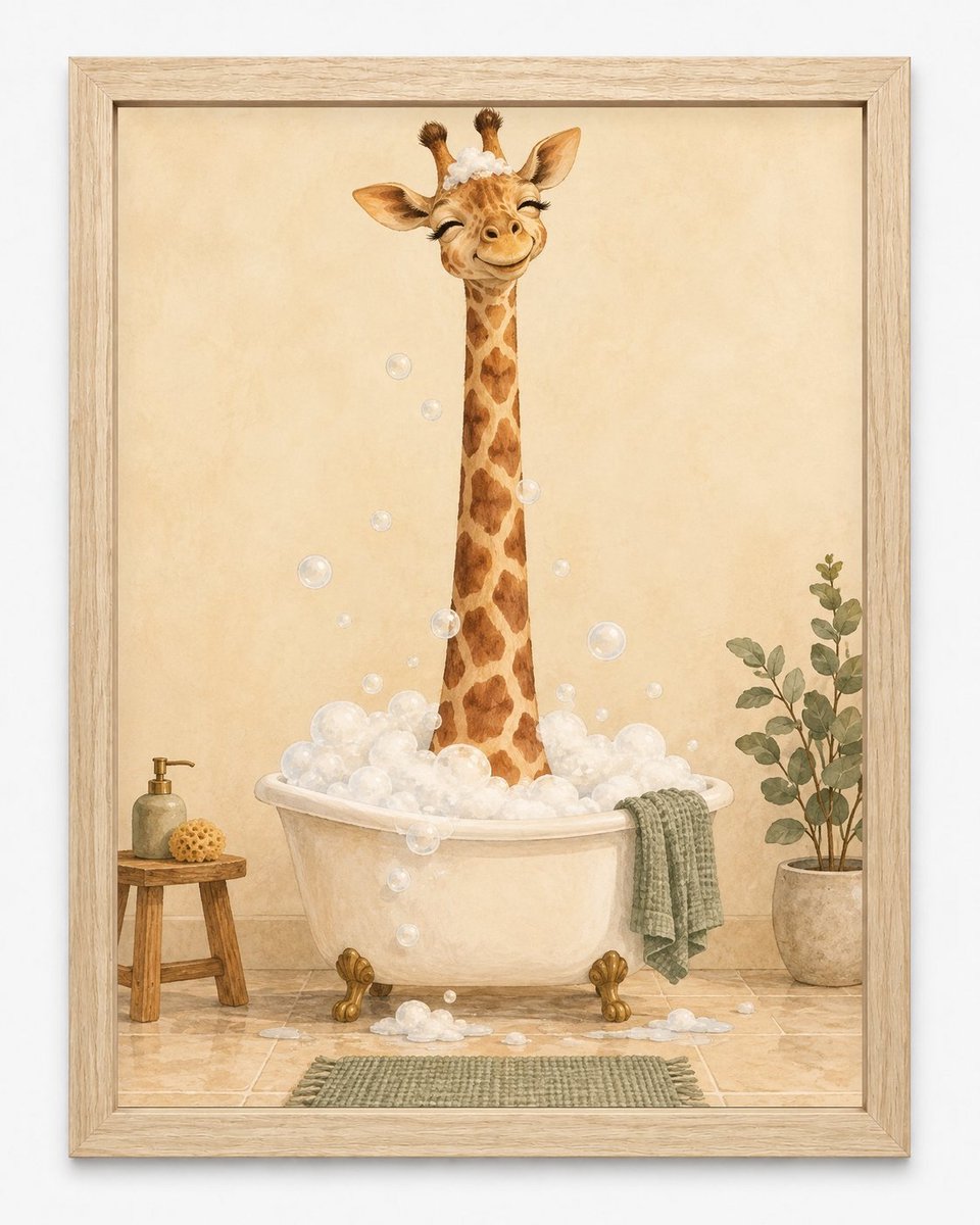 Giraffe Poster Kinderkamer | Giraffe in Bad | Inclusief Lichtbruine A3 Lijst