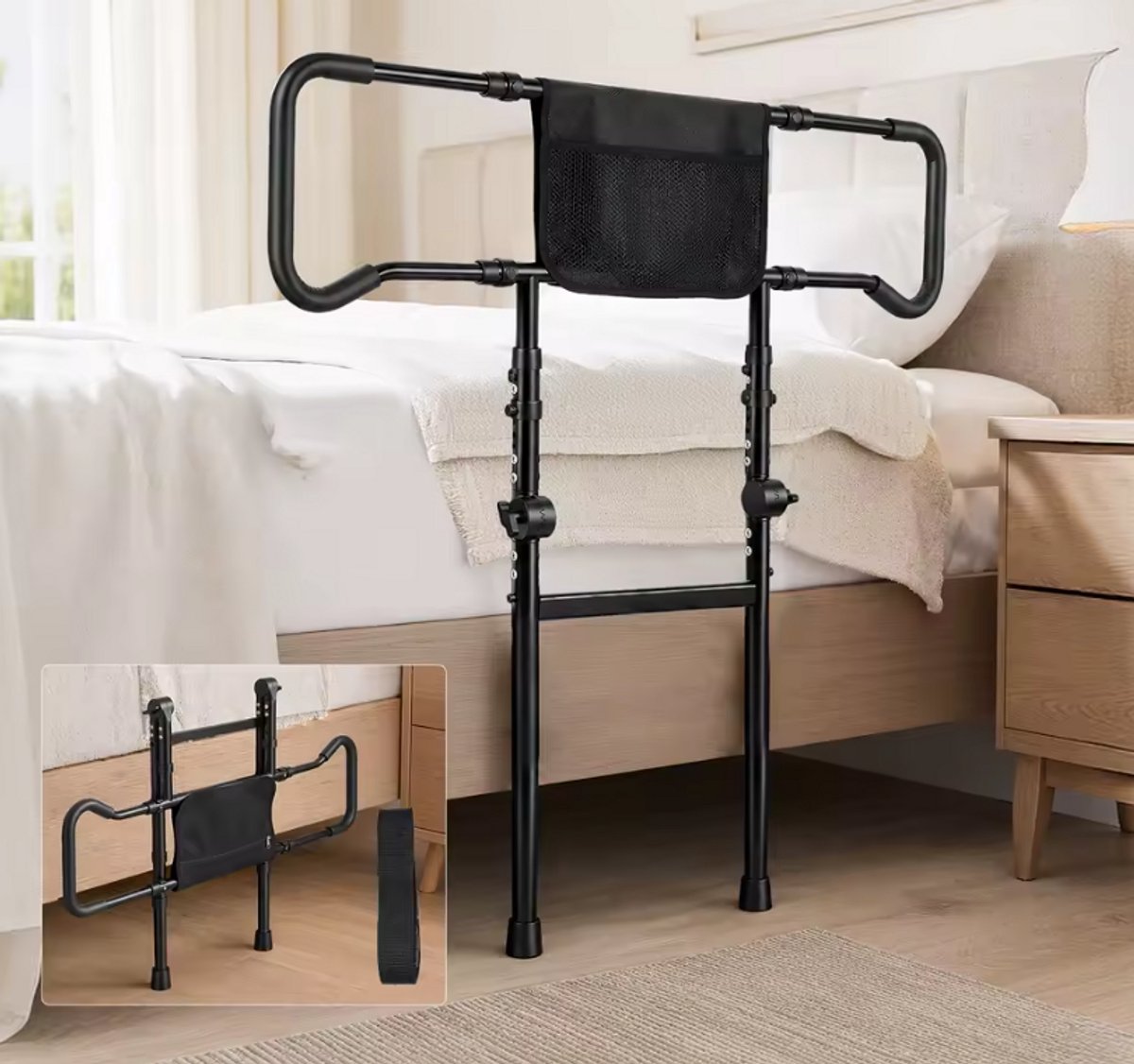 Opstabeugel Bed & Bedhekje – In Hoogte Verstelbaar & Inklapbaar – Met Opbergvak & Antislip Handgreep – Bedbeugel Senioren & Volwassenen – Zwart