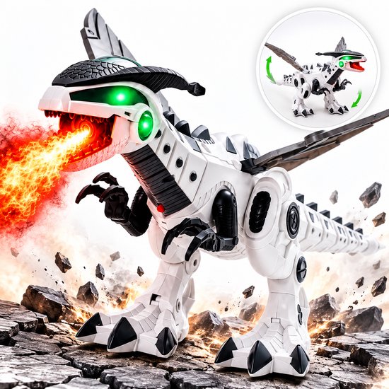 Witte robotdraak met groene lichten in de ogen, die vuur uit zijn bek spuwt. Vliegmodus zichtbaar in cirkel.