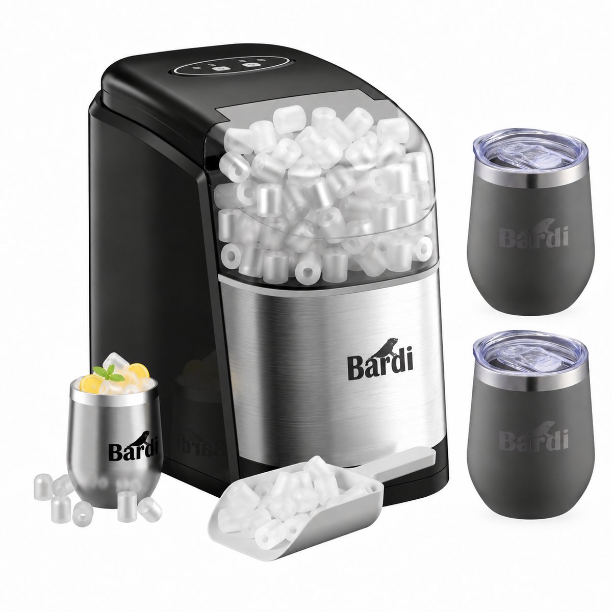 Bardi IJsblokjesmachine Set - 1.6L RVS - Zelfreinigingsfunctie - IJsblokmaker met IJsschep -met IJsschep - Inclusief 3 Luxe Thermosbekers en Ijsschep- Grijs