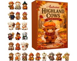 Highland Cow-adventskalender 2026 – 24-daagse kerstadventskalender met Schotse hooglanders (2D-acryl) – aftelkalender en decoratieve verzamelfiguren voor in de kerstboom