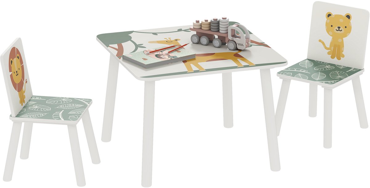 Kindertafel met stoel - houten tafel en 2 kinderstoelen set - dierenmotieven - 60 x 60 x 44 cm - groen