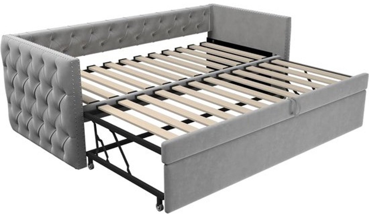 Opklapbed 90x200 cm - Fluwelen bekleding en opbergvakken - Lichtgrijs