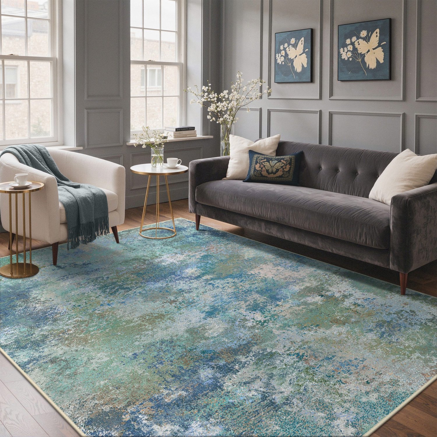 GENIMO Tapijt -Boho vintage design-Wasbaar en antislip-Voor woonkamer, slaapkamer en hal-Blauw, foto 2