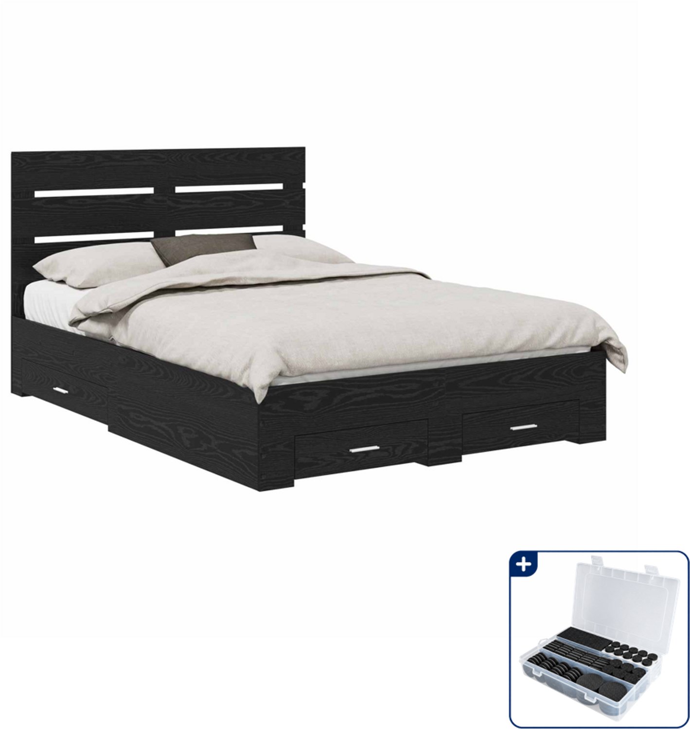 vidaXL bedframe met lade - Queensize 160 x 200 cm - bewerkt hout - zwart eiken - Inclusief antikrasvilt 177-delig Wit