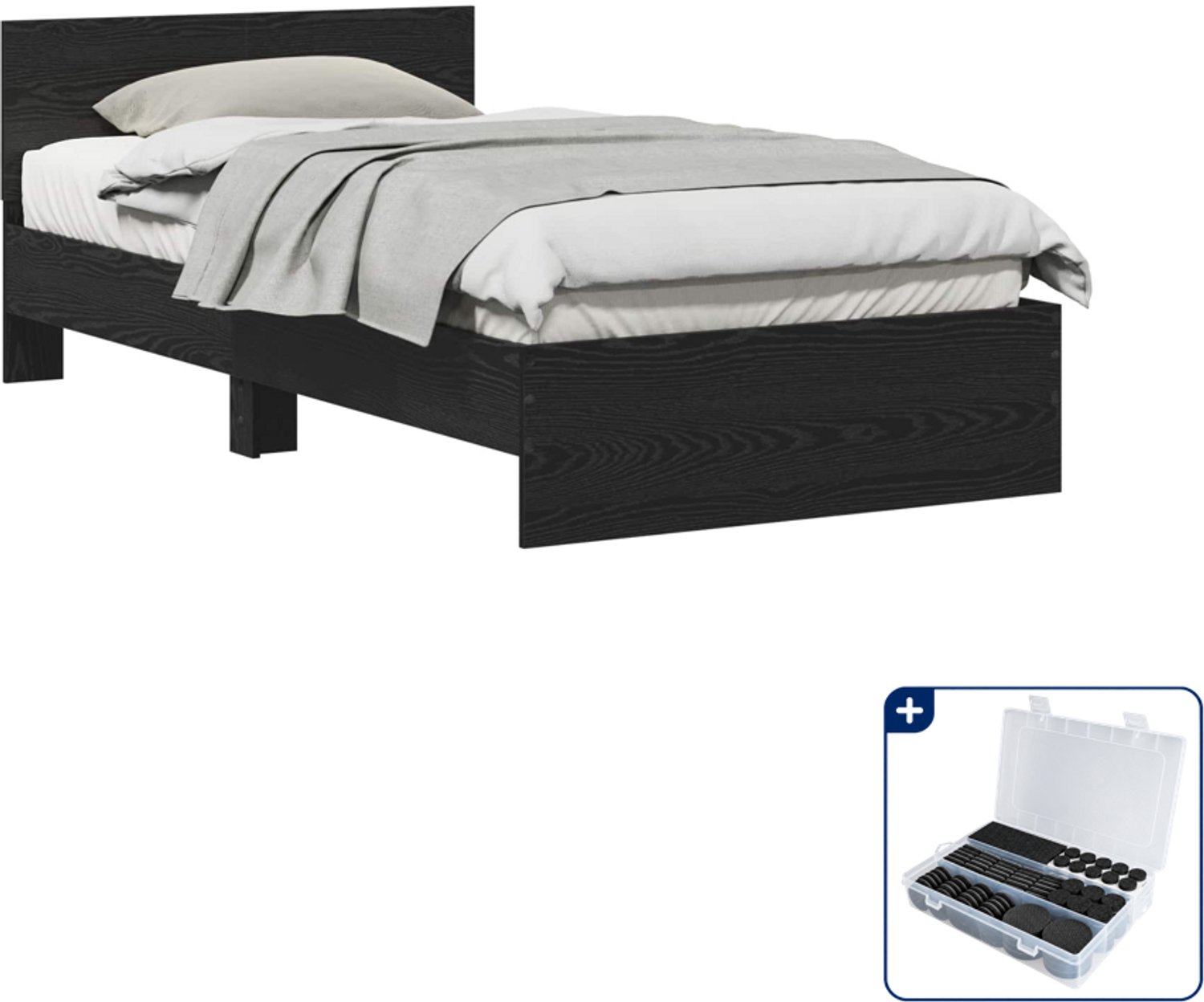 vidaXL Bedframe - 100 x 200 cm - bewerkt hout - zwart eiken - Inclusief antikrasvilt 177-delig Blauw