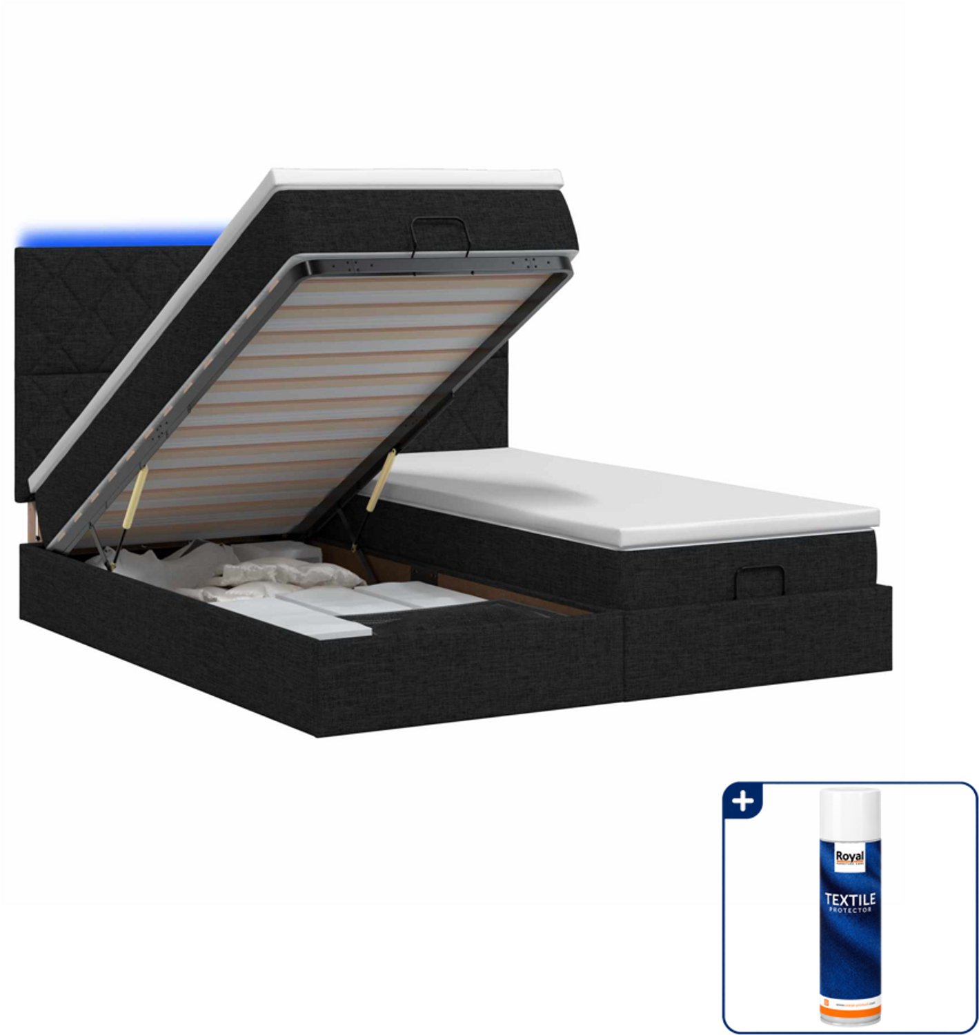 vidaXL Ottoman bed - Super kingsize - 200 x 200 cm - zwart - Inclusief textielbeschermer 500 ml