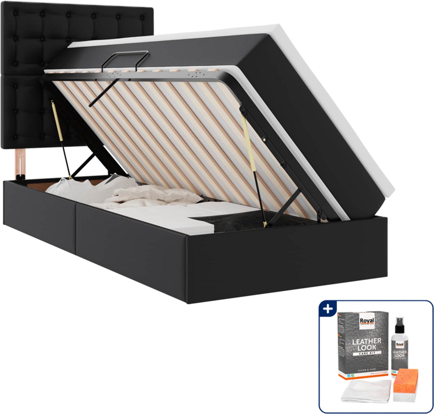 vidaXL opbergbed - 90 x 200 cm - kunstleer - zwart - Inclusief onderhoudsset voor kunstleer 150 ml Blauw