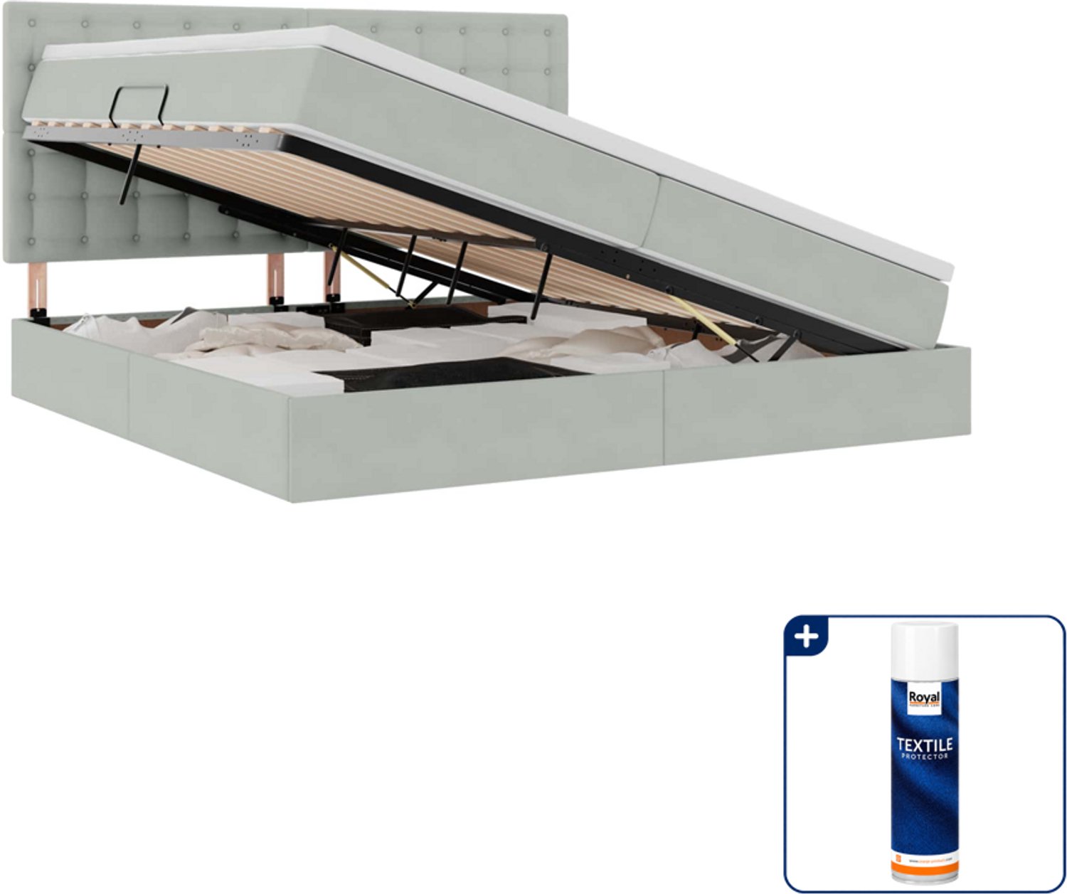 vidaXL Opbergbed met matras - 200 x 200 cm - fluweel - lichtgrijs - Inclusief textielbeschermer 500 ml Bruin