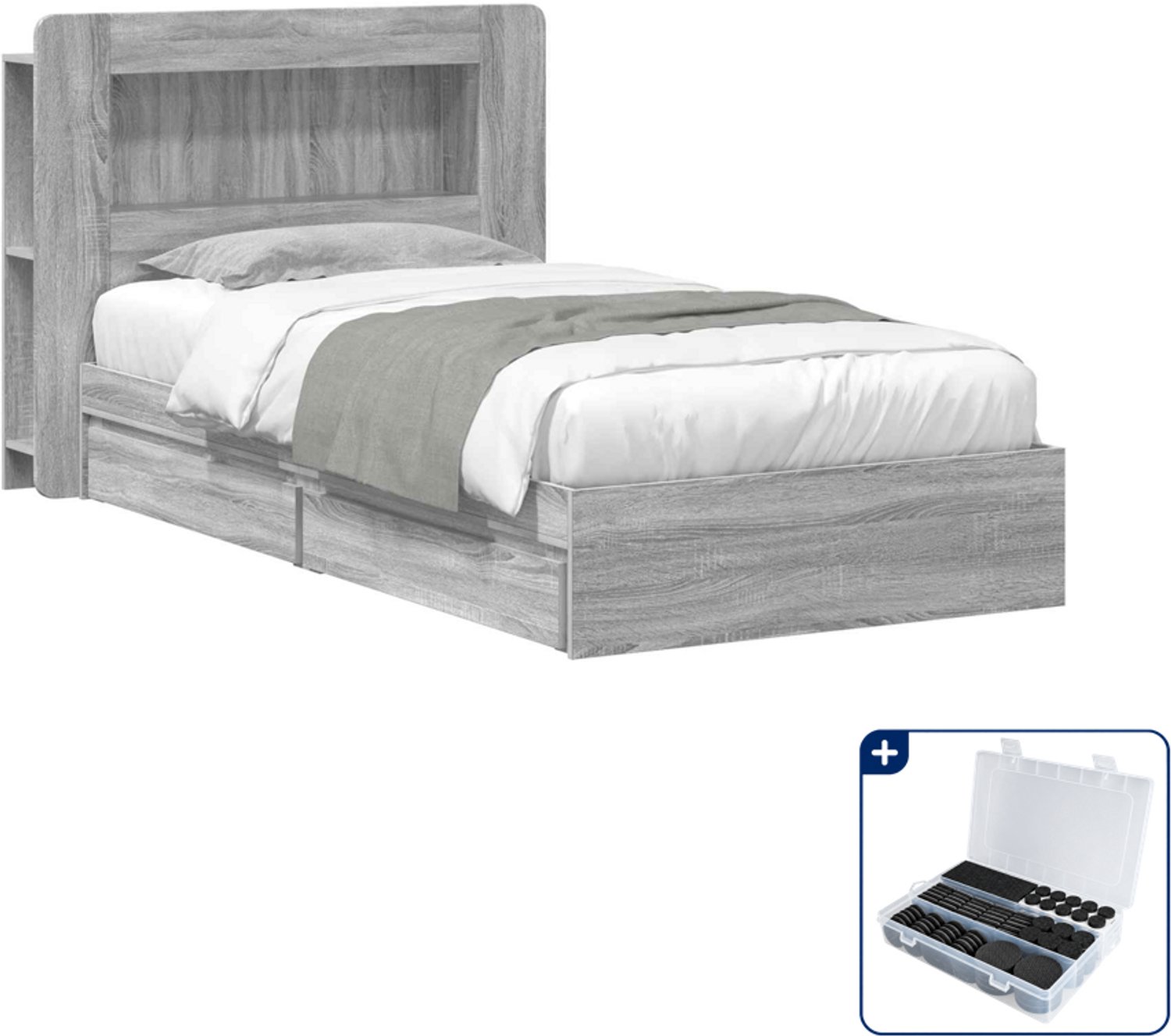 vidaXL bedframe met opslag - 100 x 200 cm - bewerkt hout - grijs sonoma - Inclusief antikrasvilt 177-delig