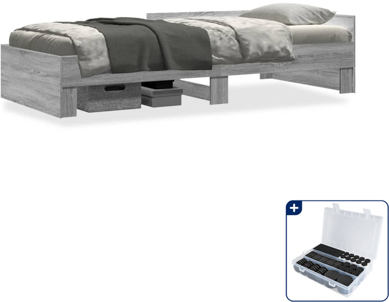 vidaXL bedframe - 90 x 200 cm - bewerkt hout - grijs sonoma - Inclusief antikrasvilt 177-delig