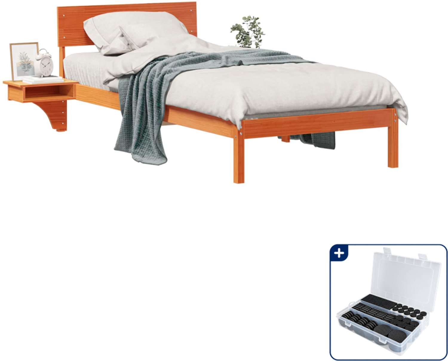 vidaXL bedframe met hoofdeinde - 90 x 200 cm - massief grenenhout - wasbruin - Inclusief antikrasvilt 177-delig