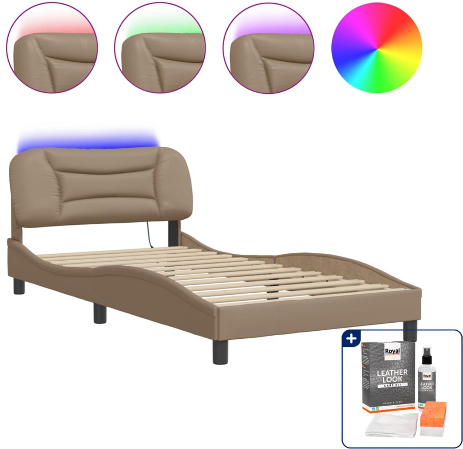 vidaXL Hvar bedframe met LED - 100 x 200 cm - cappuccino - Inclusief onderhoudsset voor kunstleer 150 ml Grijs