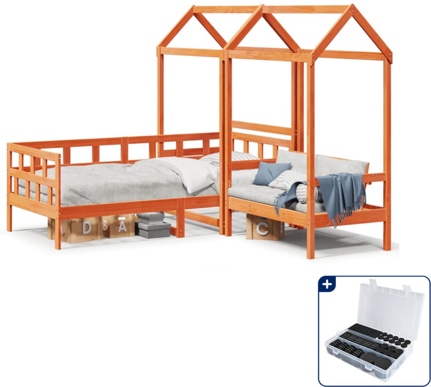 vidaXL kinderbedset met huisje - 90 x 200 cm - grenenhout - wasbruin - Inclusief antikrasvilt 177-delig