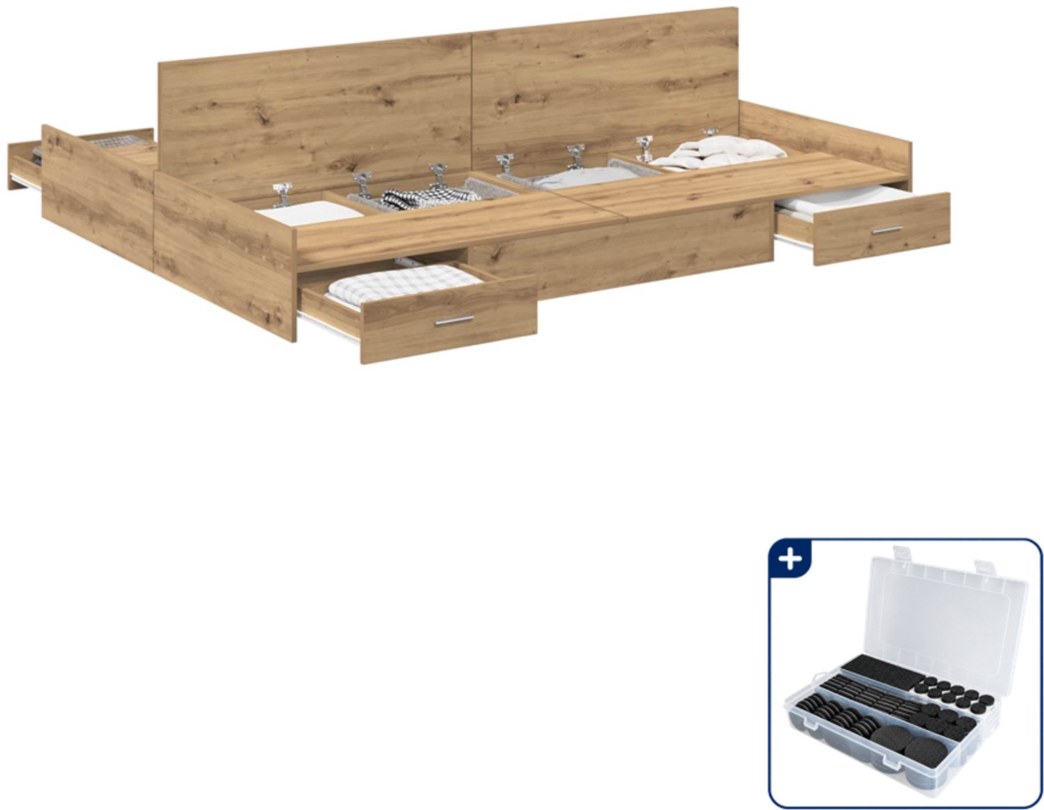 vidaXL opbergbedframe - 150 x 200 cm - bewerkt hout - artisan eiken - Inclusief antikrasvilt 177-delig Bruin