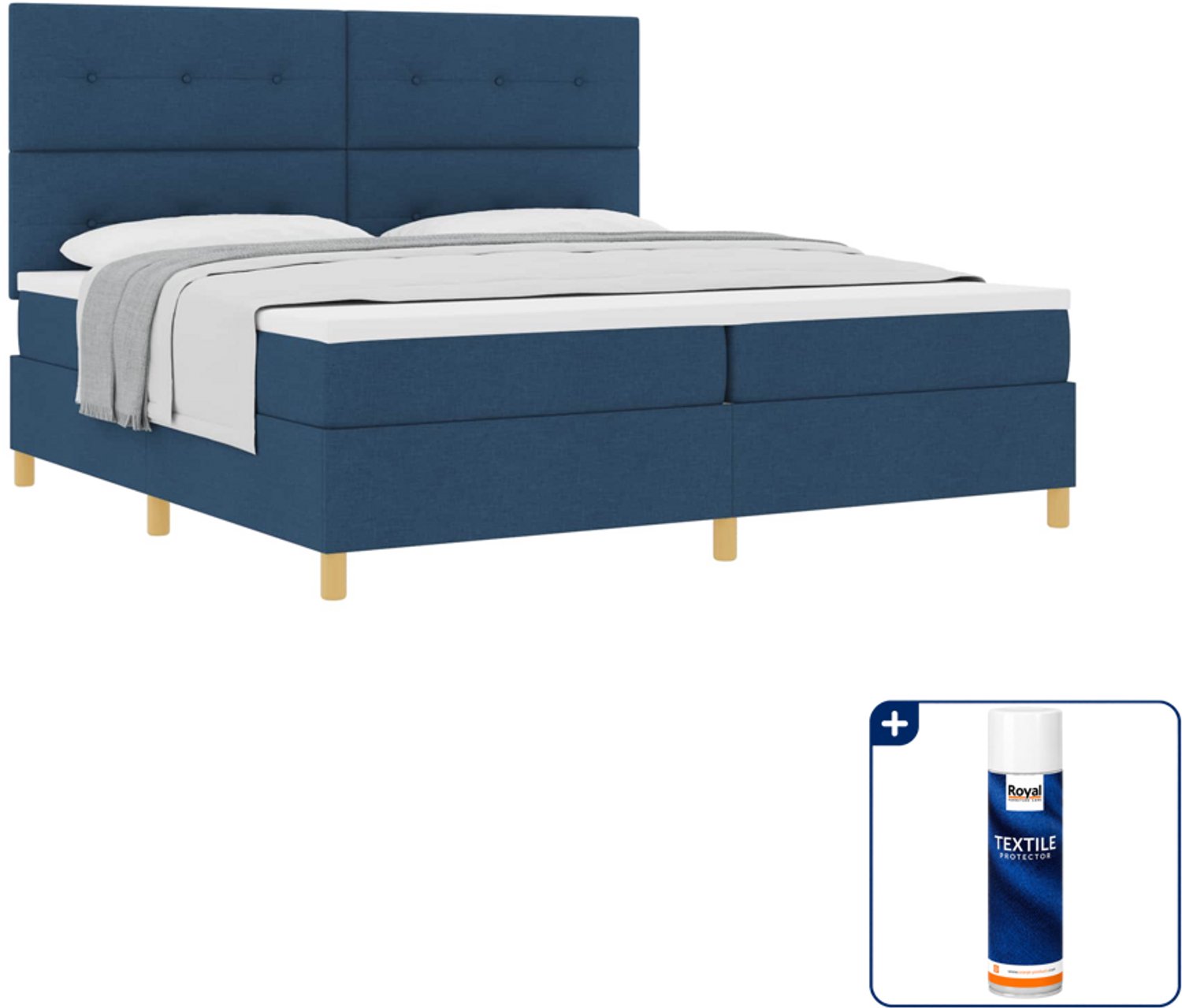 vidaXL boxspringbed Super kingsize - 200 x 200 cm - blauw - Inclusief textielbeschermer 500 ml