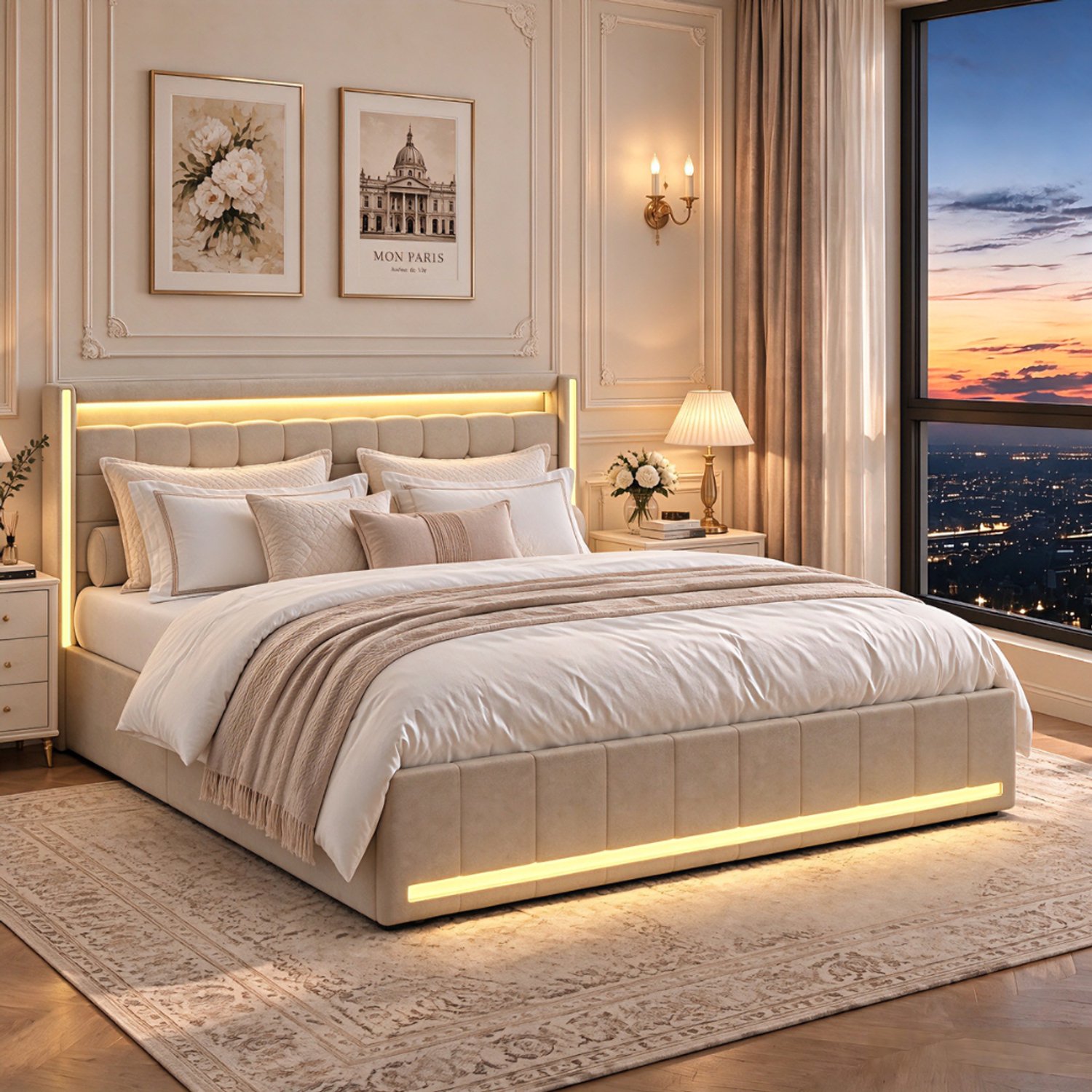 Yelenaro 2 Persoons Bed 140x190 cm met 4 opberglades, Gestoffeerde hoofdeinde met LED-verlichting en USB-poort, Tweepersoonsbedframe 140 x 190 cm met lattenbodem, Linnen, Beige
