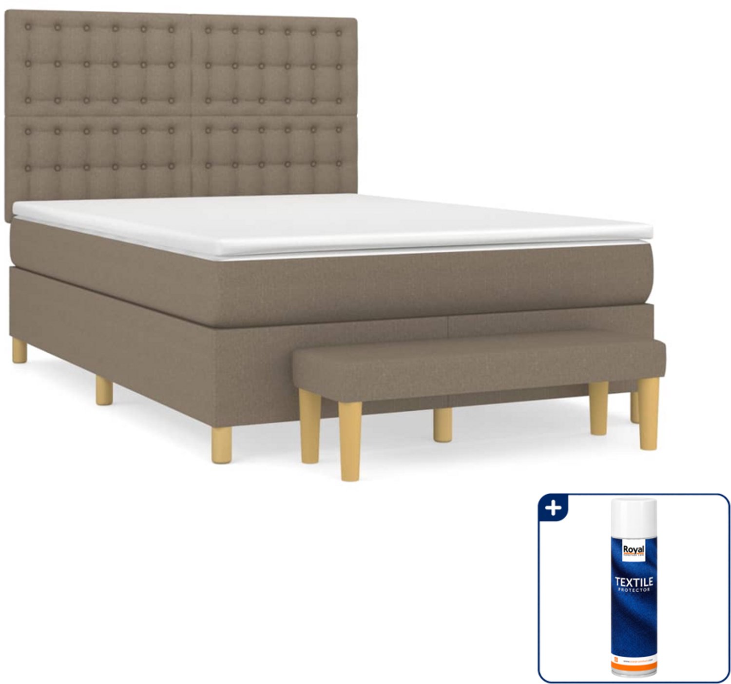 vidaXL boxspring met matras en bankje - 140 x 190 cm - taupe - Inclusief textielbeschermer 500 ml