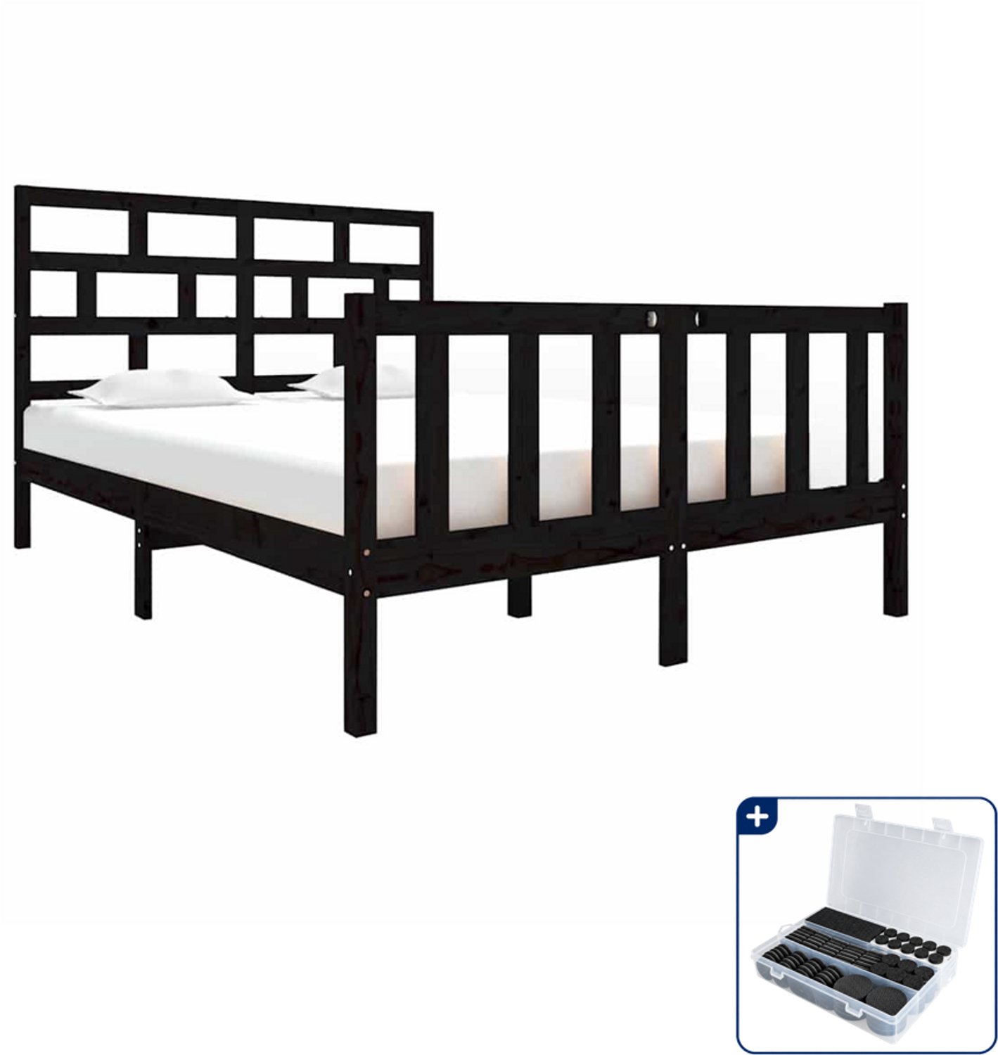 vidaXL bedframe - 135 x 190 cm - massief grenenhout - zwart - Inclusief antikrasvilt 177-delig