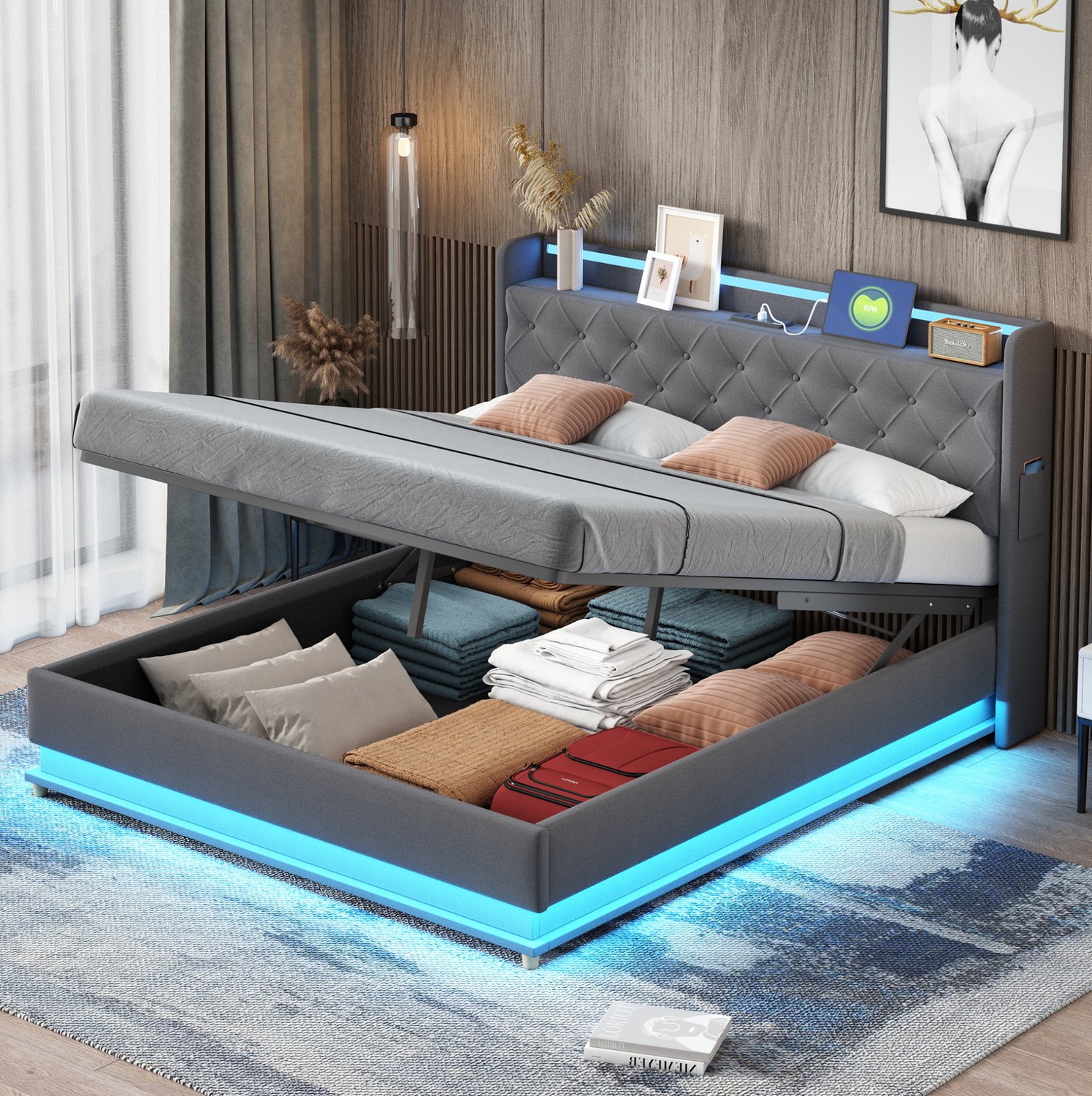 Maisentiel Gestoffeerd tweepersoonsbed 160 x 200 cm – grijs, LED, USB en hydraulische opbergruimte