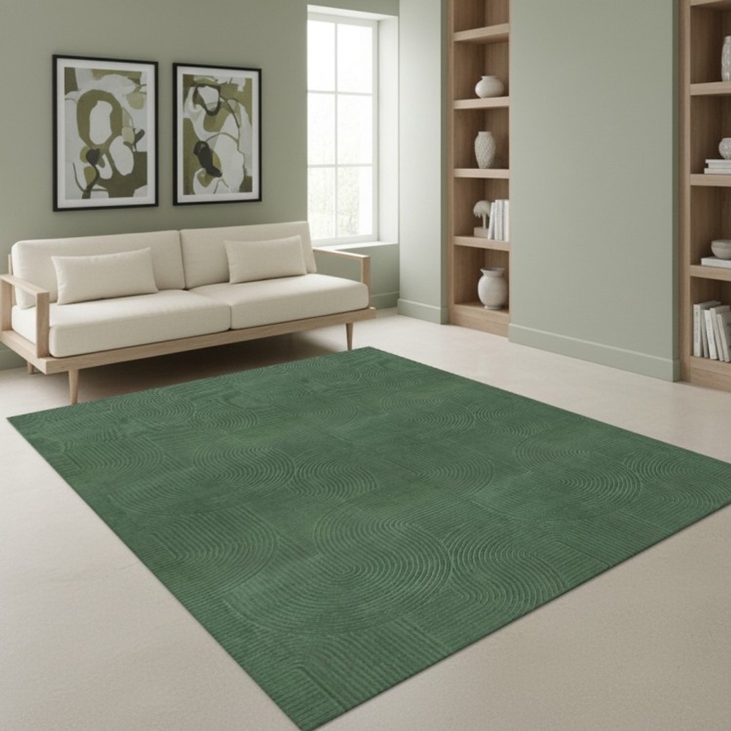 TapisTrend Designer tapijt Bosgroen 80x150 cm Modern vloerkleed met in elkaar verweven bogen en verhoogde gebogen lijnen voor de woonkamer, slaapkamer en eetkamer