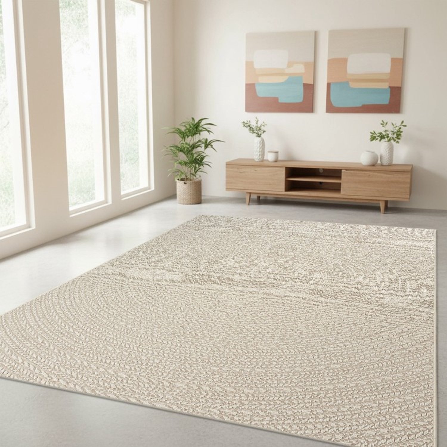 TapisTrend Designer tapijt Crème 80x150 cm Modern vloerkleed Jute gevlochten effect en concentrisch ovaal patroon voor woonkamer, slaapkamer en eetkamer Beige