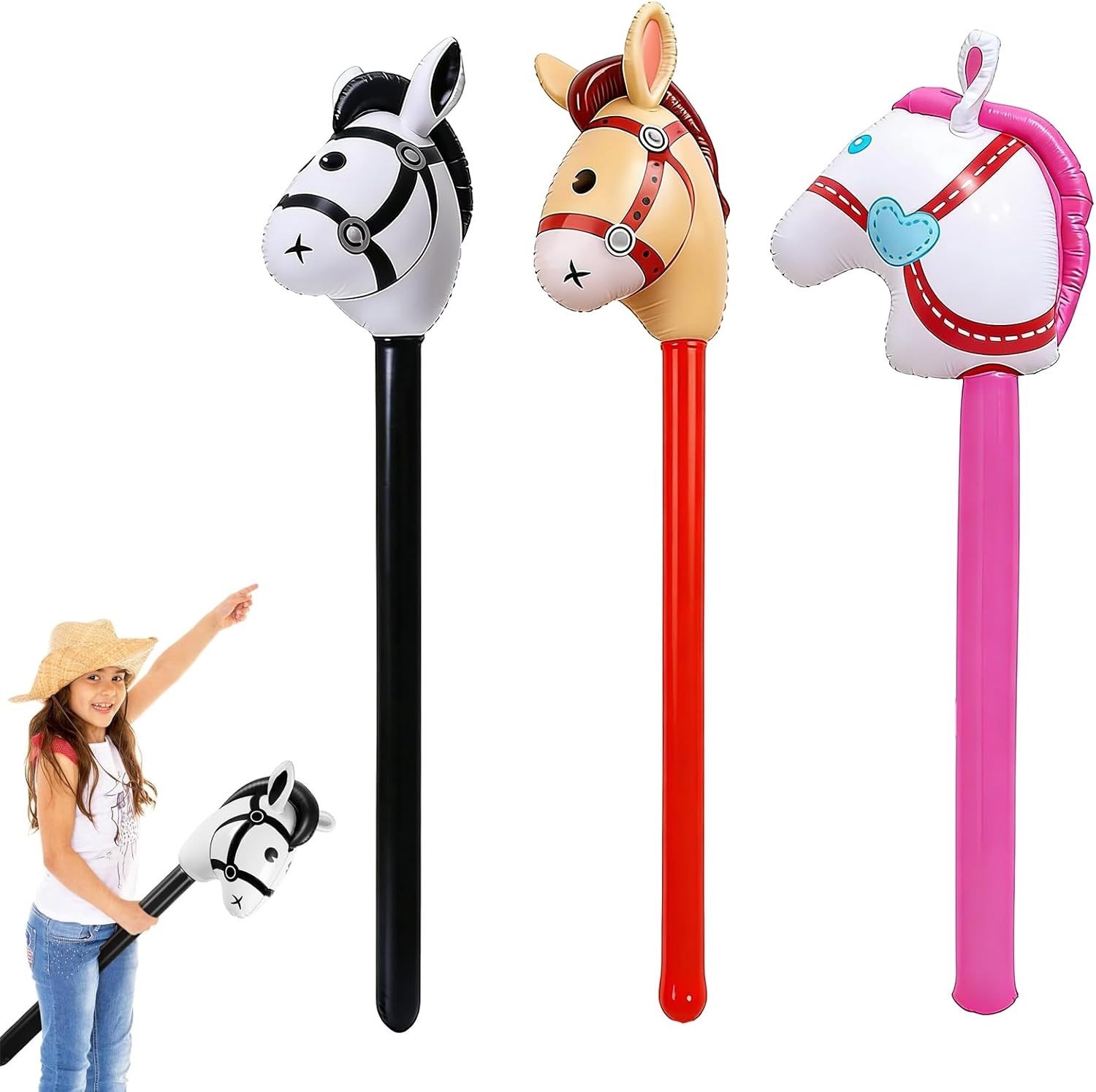Opblaasbare Paardstok, Set van 3, 96 cm, Roze, Zwart, Rood, Speelgoed voor Kinderen, Themafeesten en Feestdecoraties, Creatief Speelgoed voor Buiten en Binnen