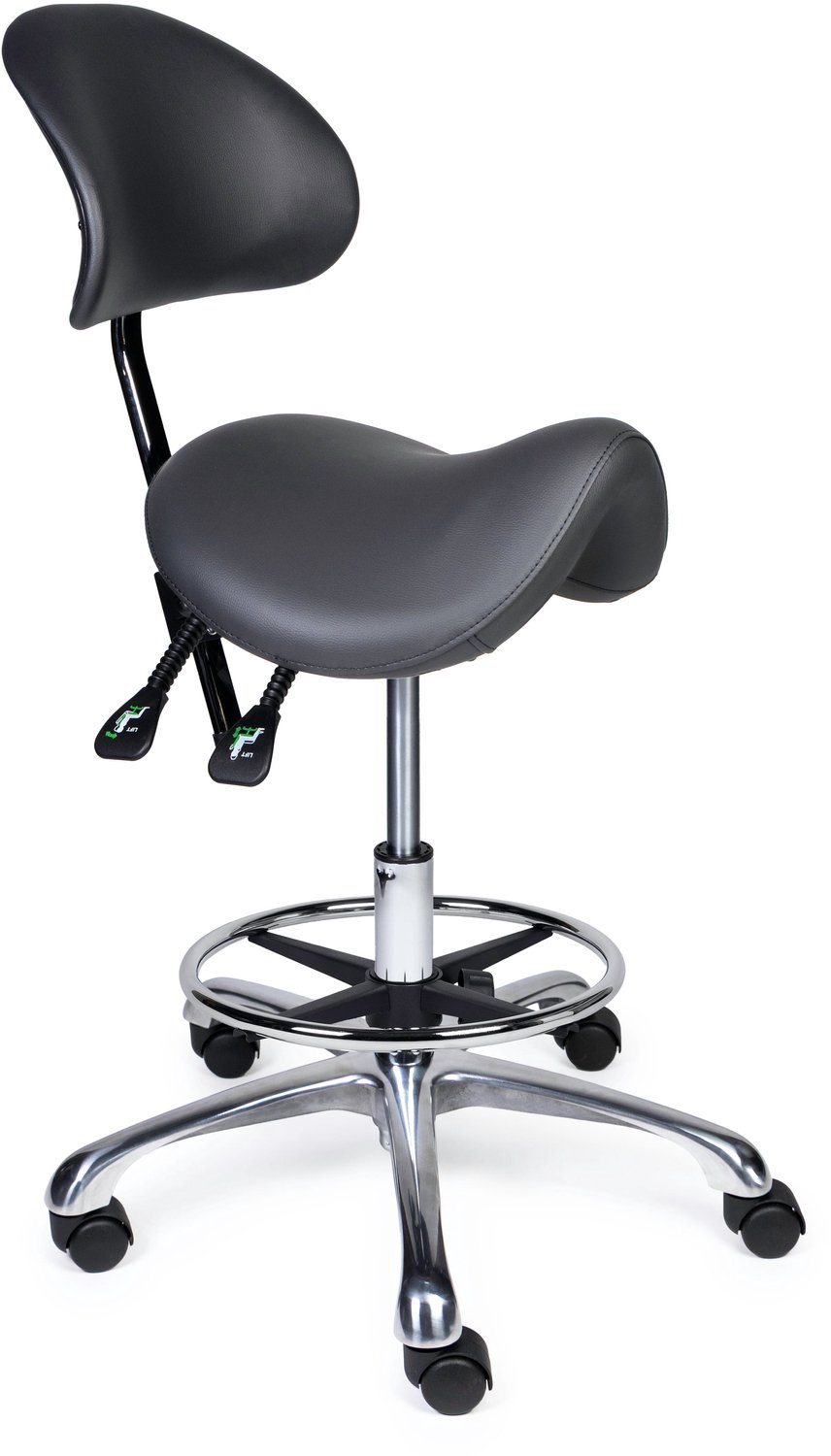 Ergonomische Zadelkruk met Rugleuning Premium Grijs op Wielen Standaard uitvoering (50-68cm) / Zonder voetensteun / Standaard wielen