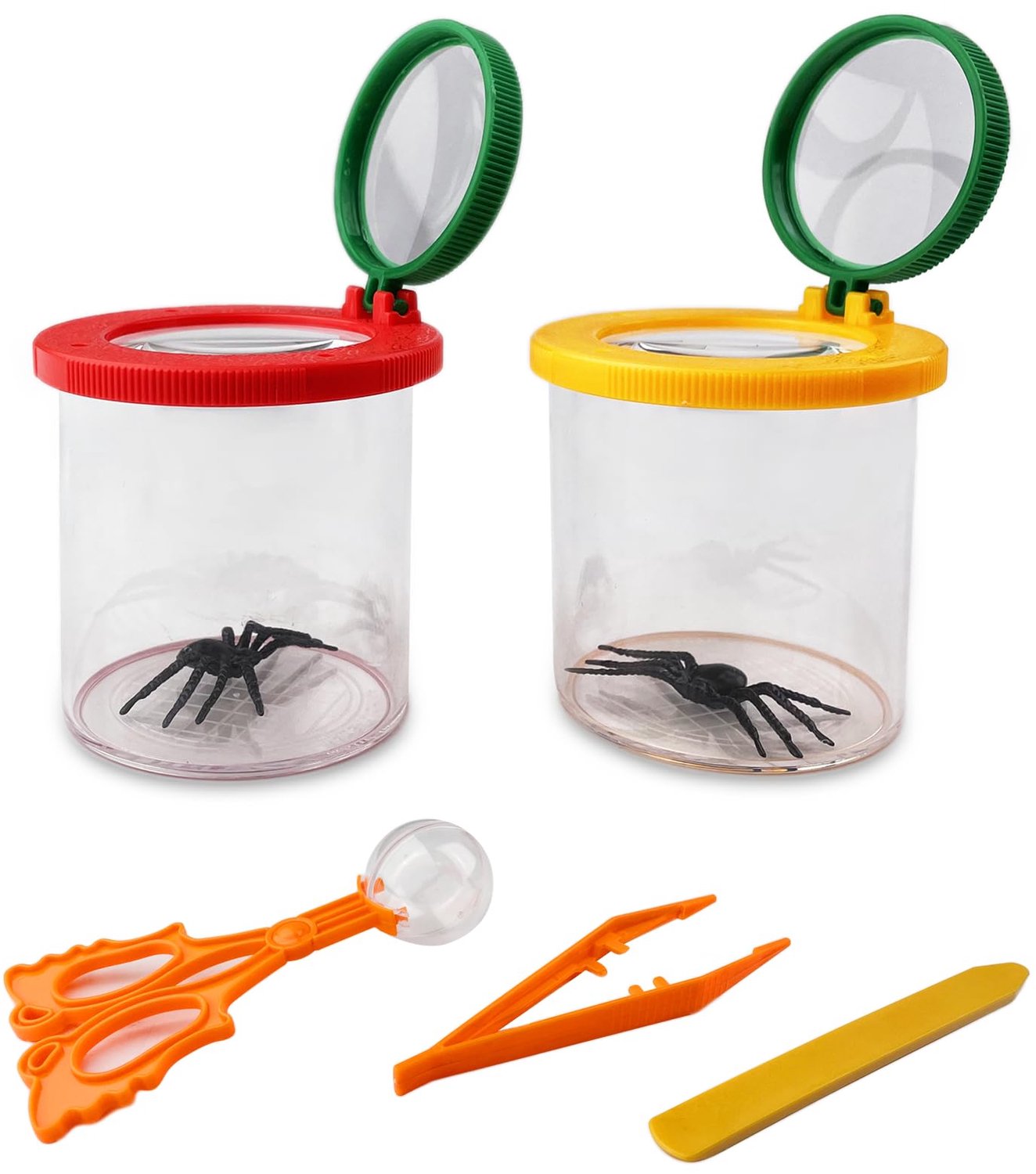TERRARIDE 2 stuks bekervergrootglas voor kinderen, vergrootglas voor kinderen, 3-voudig en 6-voudig, insectenonderzoek, bekervergrootglas met pincet v