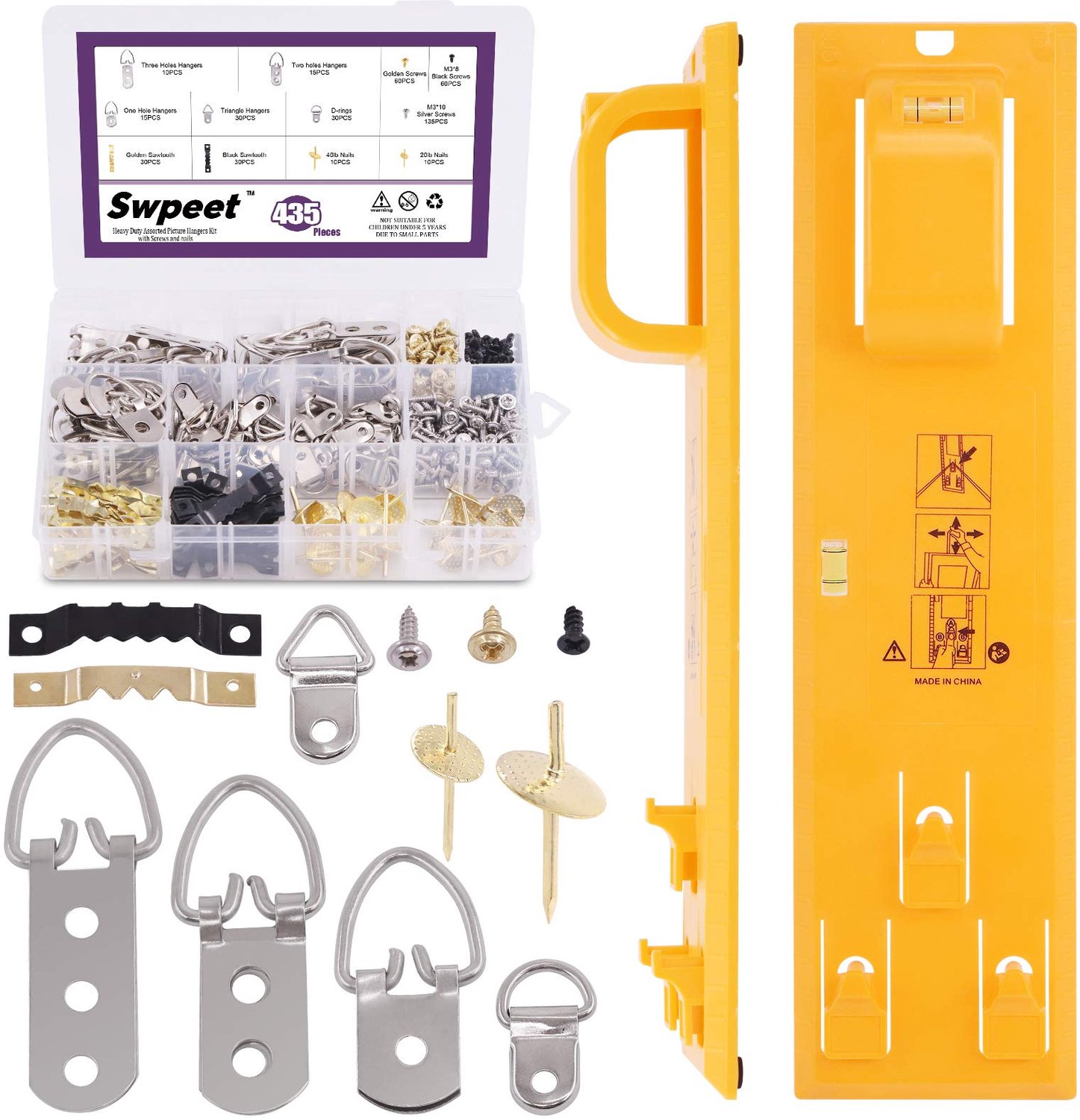 Swpeet 435 stuks fotohangers met gele afbeelding opknoping niveau gereedschap assortiment kit, zware foto hangers een stap hangers, haken, D-ring voor