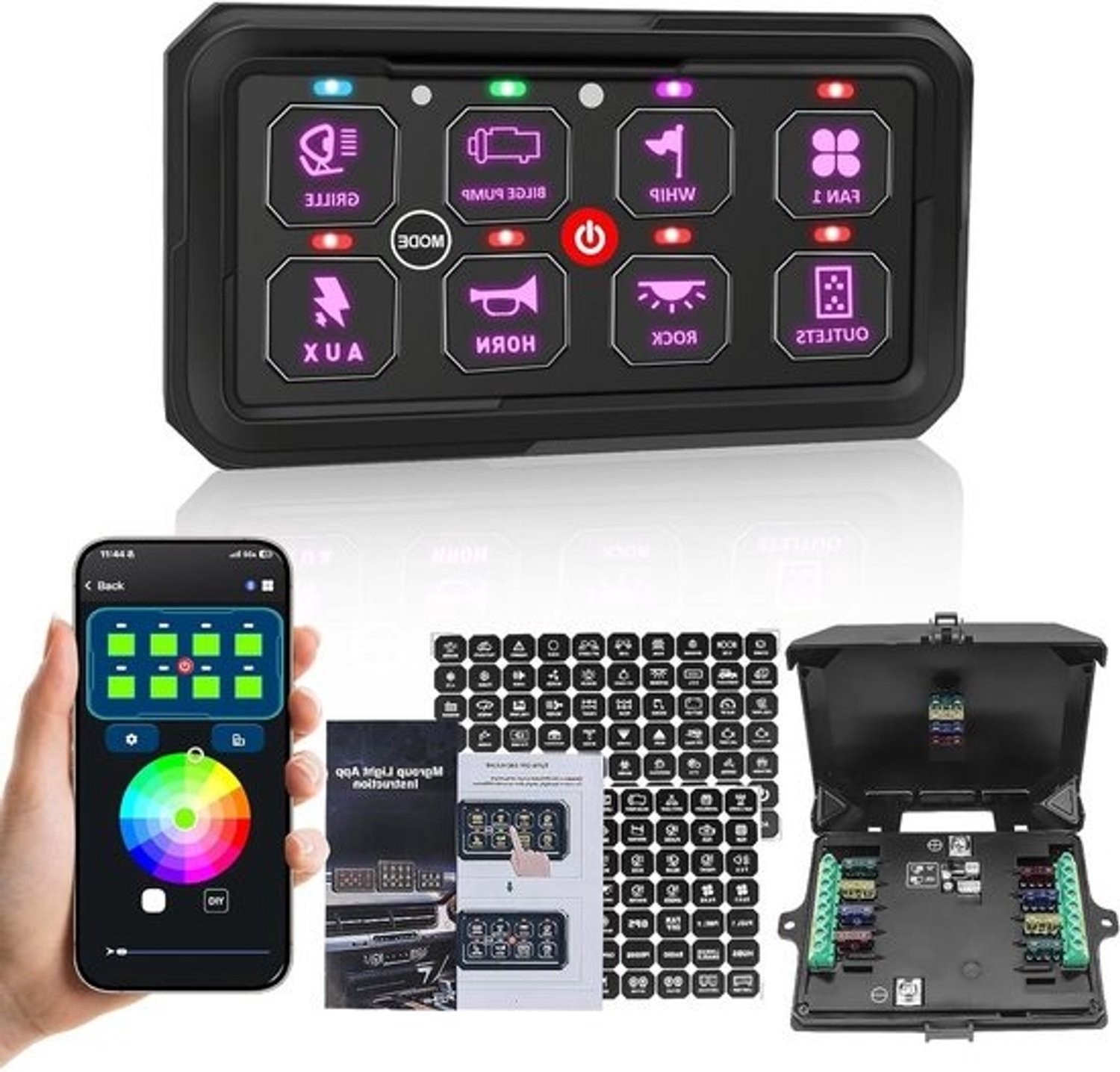 Schakelpaneel met App - Besturingsbox Voertuig - Verlichting Bediening - Intelligente RGB Achtergrond - 8 Gang