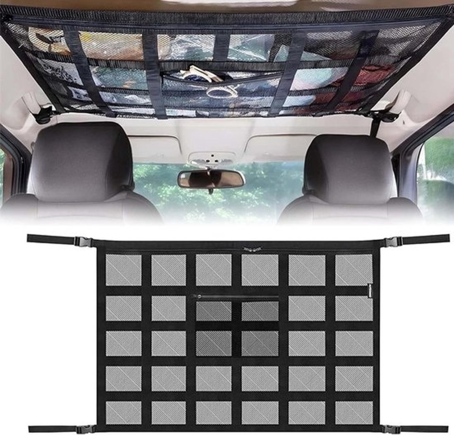 Auto Plafond Opbergnet - Dak Organizer Tas - Auto Interieur Opbergen - Verstelbare Verstevigingsriemen - 80x54cm - Zwart