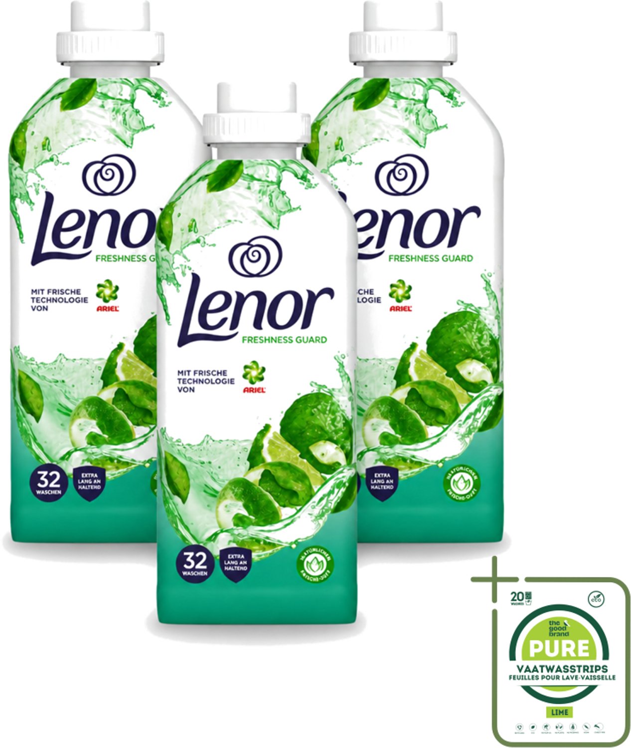 3 x Lenor – Wasverzachter – Freshness Guard – 32 Wasbeurten – 800 ml - Grootverpakking - Vaatwasstrips - Wasverzachter - Frisheid - Geur - Geurprofiel - Geurtjes