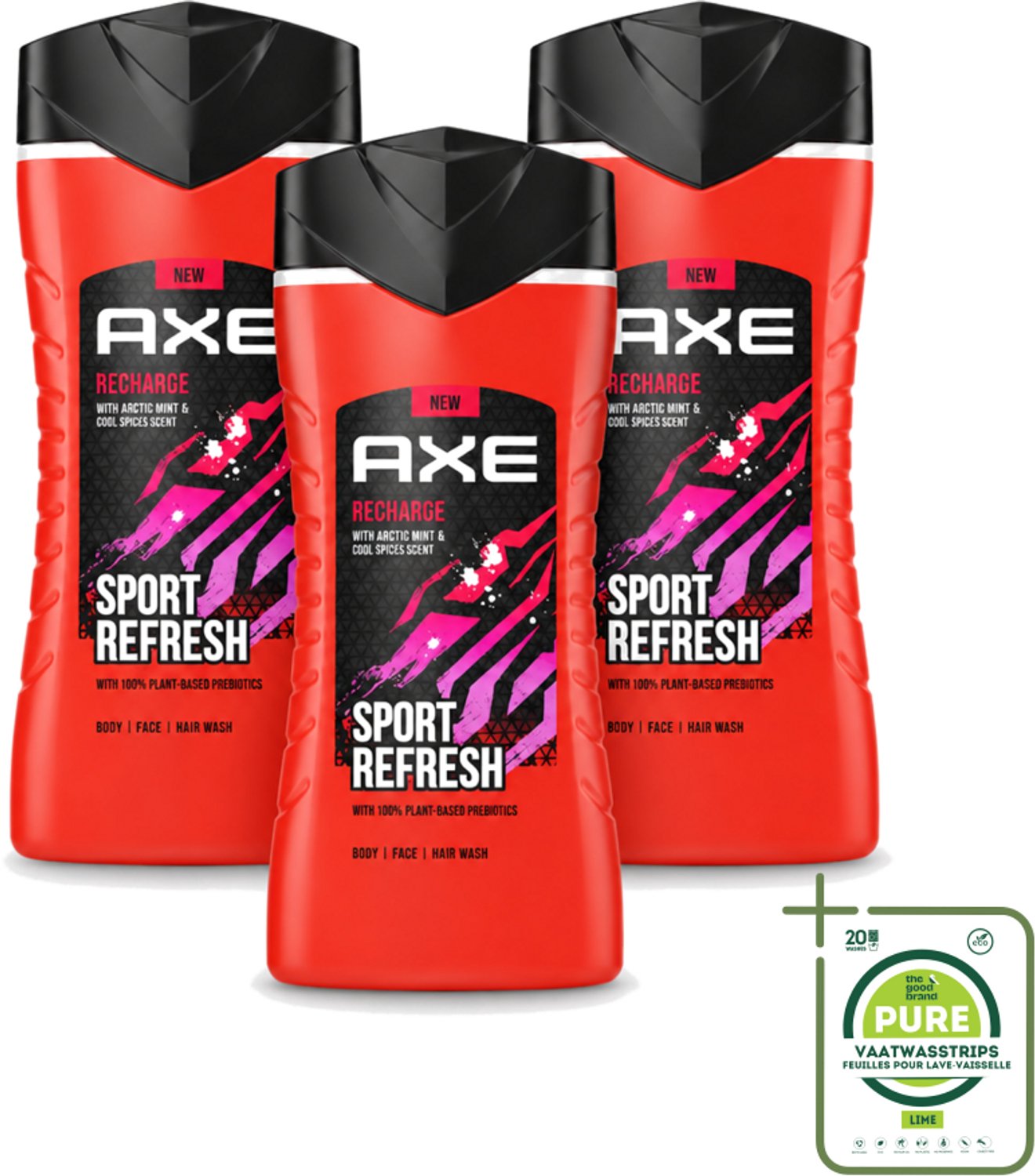 3 x AXE – Douchegel – Sport Refresh – 250 ml - Grootverpakking - Vaatwasstrips - Douchegel Sport - Verfrissende Douchegel - Menthol Douchegel - Sportieve Geur - Frisse Boost