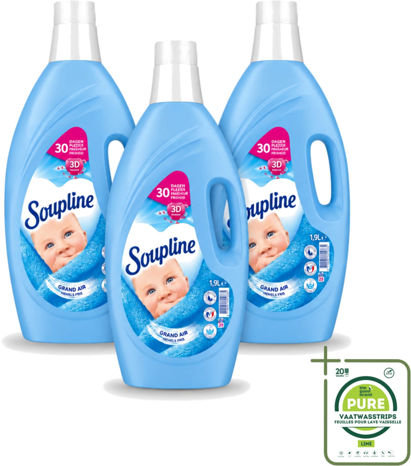 3 x Soupline – Wasverzachter – Hemels Fris – 1,9 L - Grootverpakking - Vaatwasstrips - Wasverzachter - Wasgoed - Fris - Zijdezacht - Wasbeurten