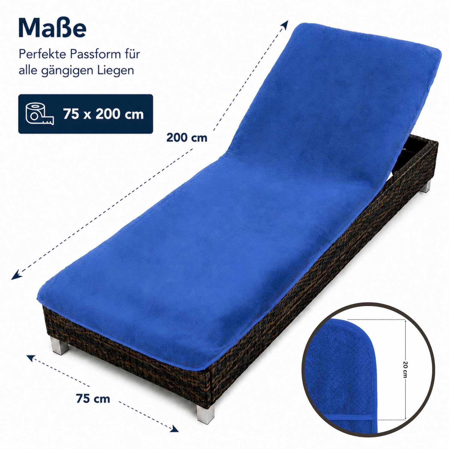 Brandsseller Badstof hoes 75x200 cm – met capuchon voor tuinligstoel – 100% katoen – wasbaar, antislip, Öko-Tex Standard 100 – blauw