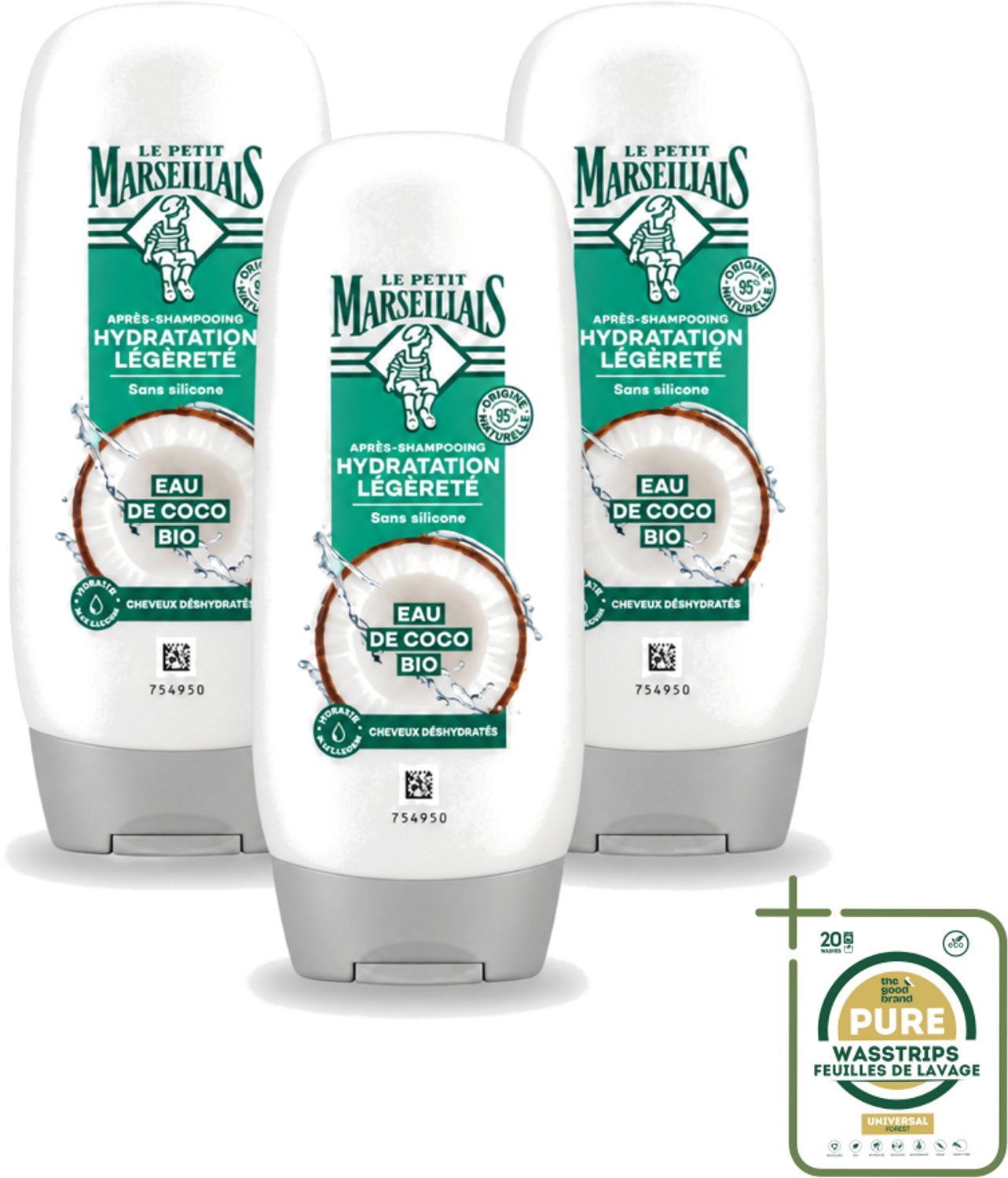 3 x Le Petit Marseillais – Conditioner – Eau de Coco Bio – 250 ml - Wasstrips - Conditioner Kokoswater - Hydraatatie Haar - Verzorging Haar - Kokosgeur - Natuurlijke Verzorging