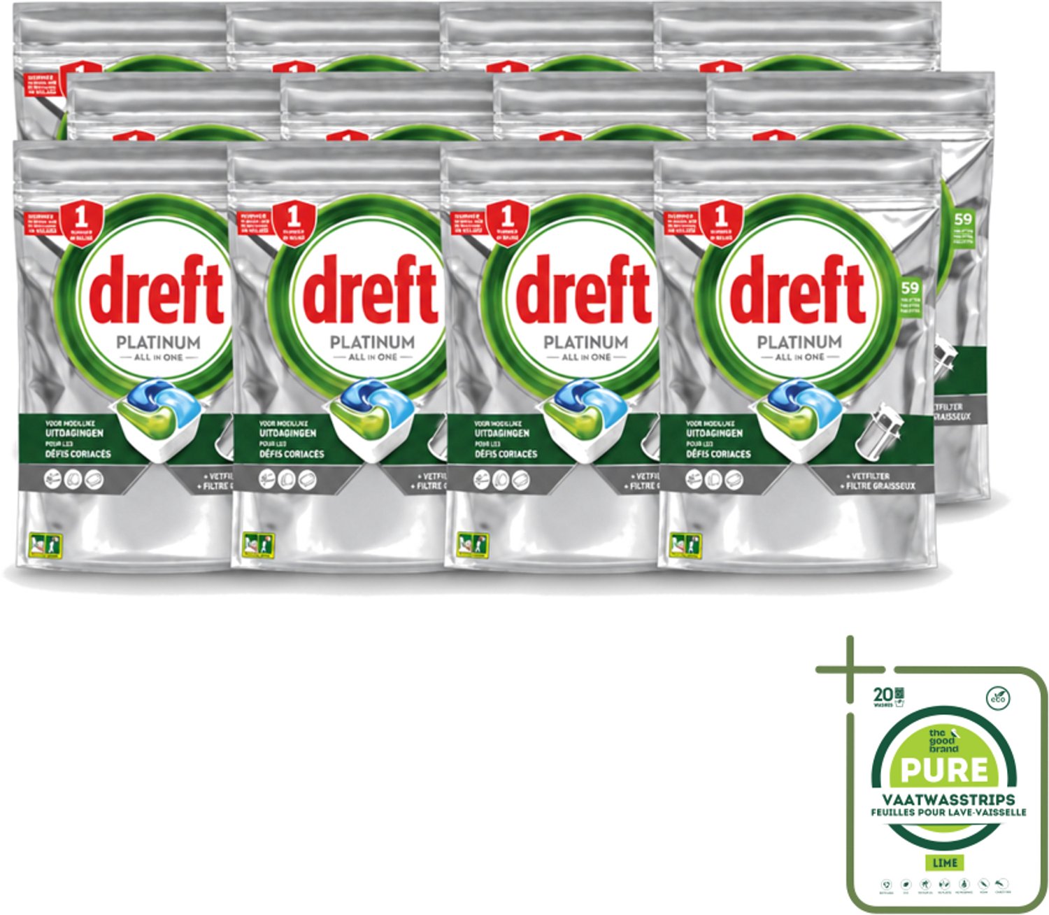 12 x Dreft – Vaatwastabletten – Platinum All-in-One Original – 59 Tabletten - Grootverpakking - Vaatwastabletten - Vaatwasser - Reiniging - Ontvetting - Zout