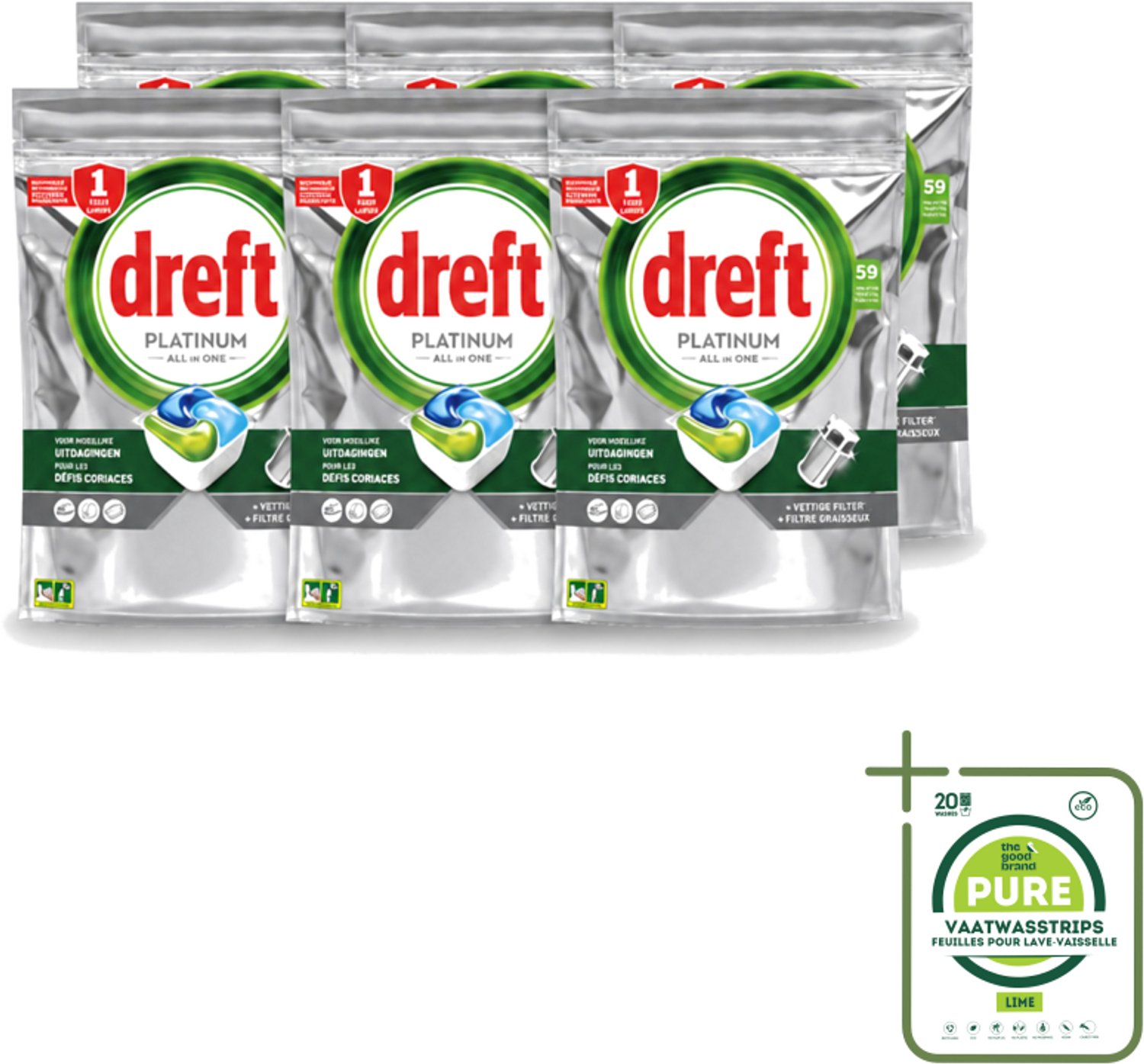 6 x Dreft – Vaatwastabletten – Platinum All-in-One Original – 59 Tabletten - Grootverpakking - Vaatwastabletten - Vaatwasser - Reiniging - Ontvetting - Zout
