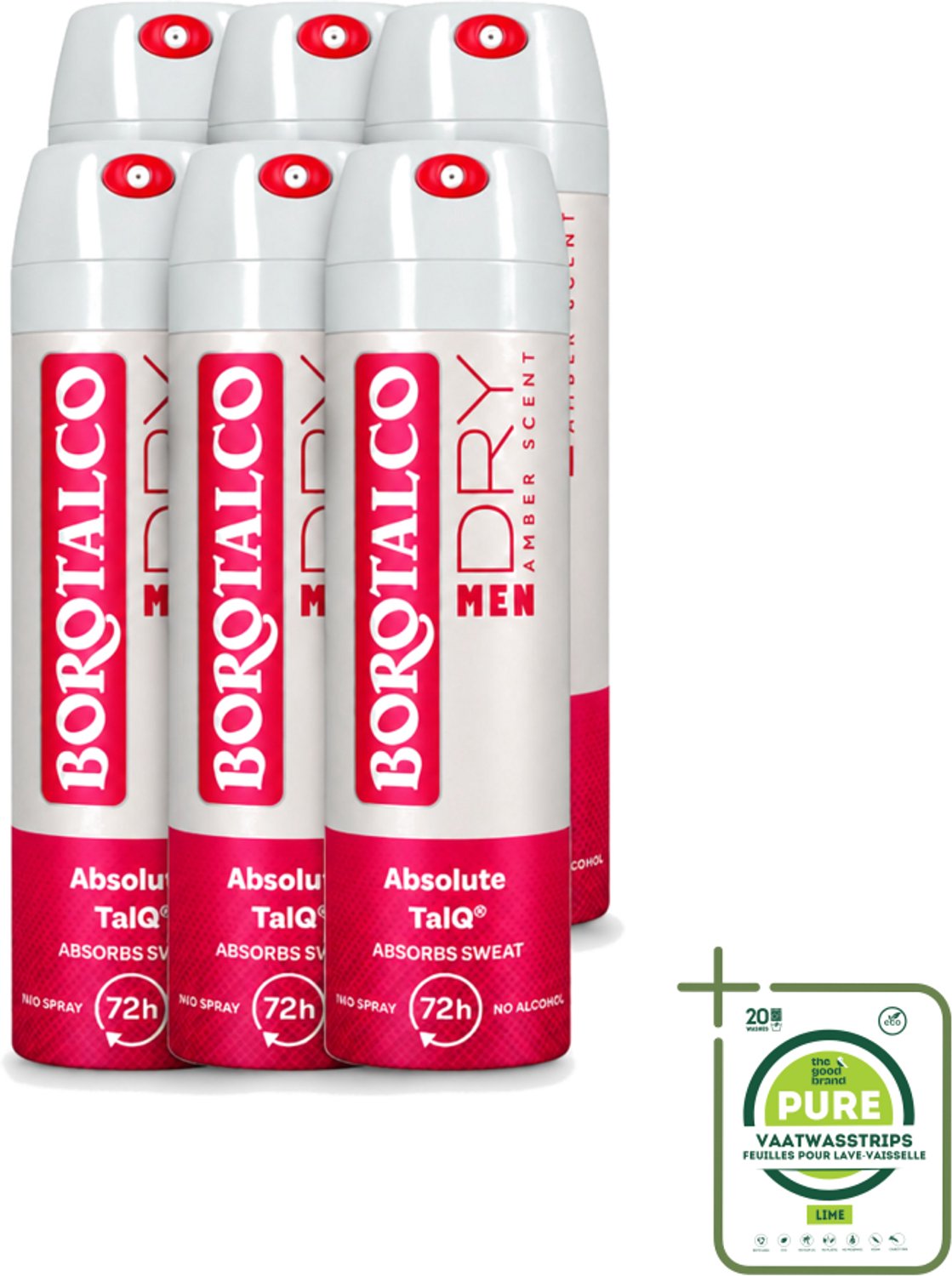 6 x Borotalco – Deodorant Spray – Men Amber Geur – 150 ml - Grootverpakking - Vaatwasstrips - Deodorant Spray - Mannelijke Geur - Amber - Frisheid - Transpiratie Bescherming