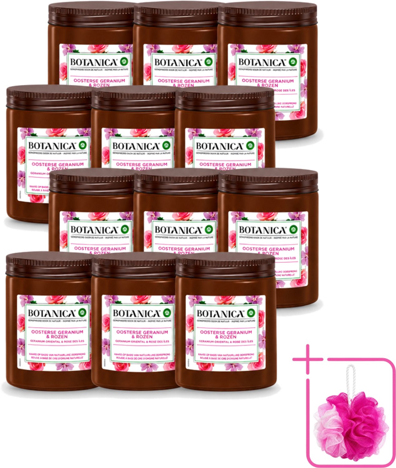Air Wick 12 x Botanica by Air Wick - Geurkaars - Geranium & Rozen - 40 Uur Brandduur - Bulkverpakking - Geurkaars - Douchemop - Geranium en rozen Wit