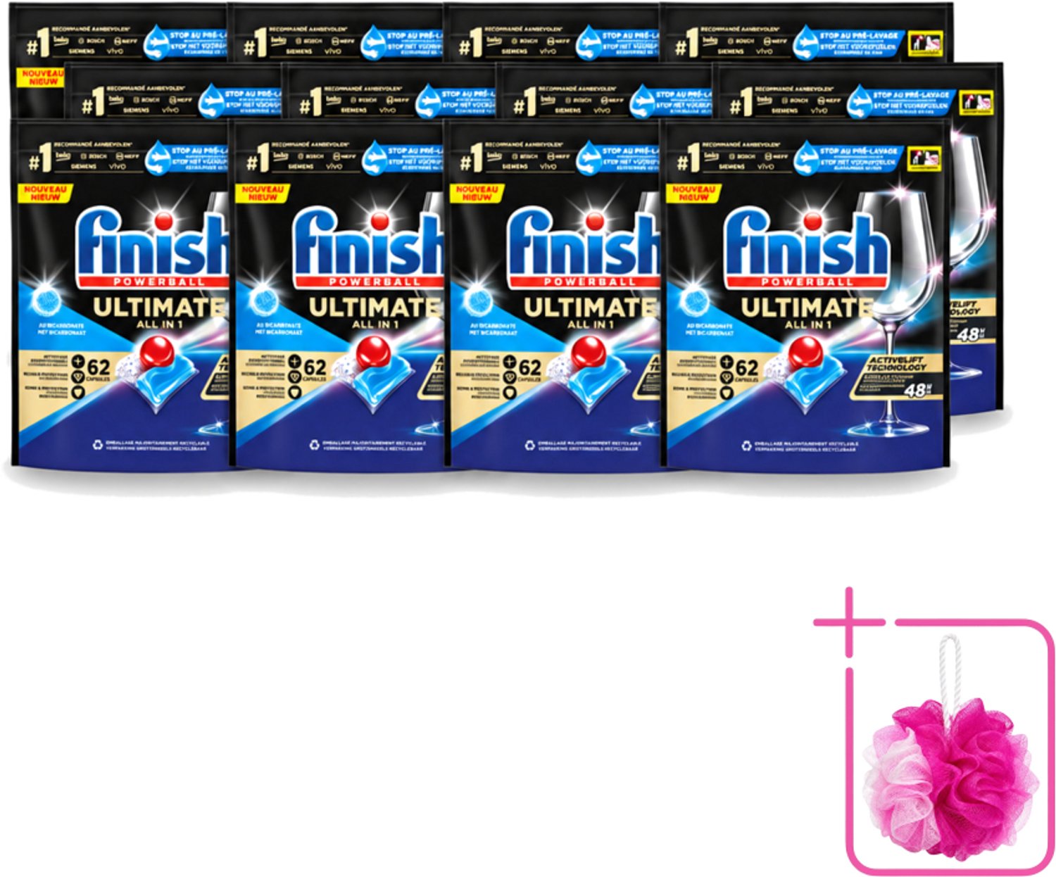 12 x Finish Powerball - Ultimate All in One - Vaatwastabletten - Met Bicarbonaat - 62 Capsules - Bulkverpakking - Vaatwasmiddel - Douchemop - Vaatwascapsules