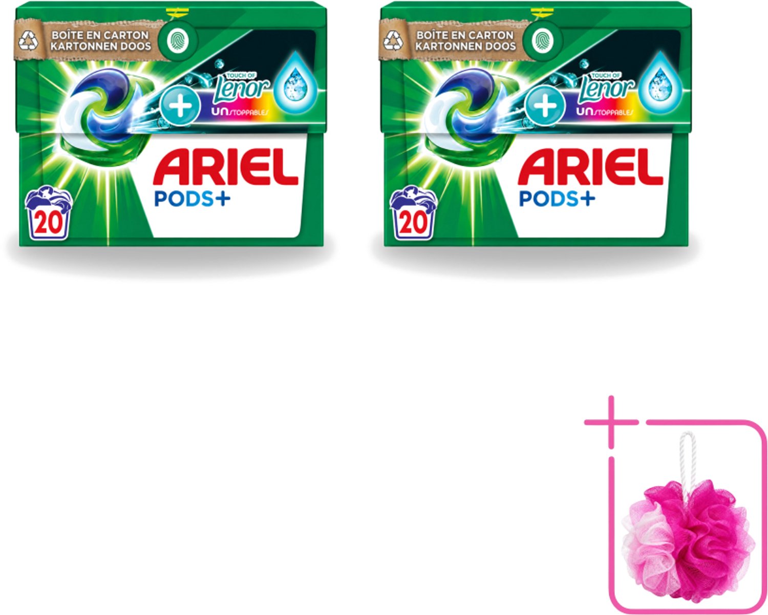 2 x Ariel Original - Touch of Lenor Unstoppables - Wasmiddelcapsules - Pods+ - Gekleurde Was - 20 Wasbeurten - Bulkverpakking - Wasmiddel capsules - Douchemop - Gekleurde was
