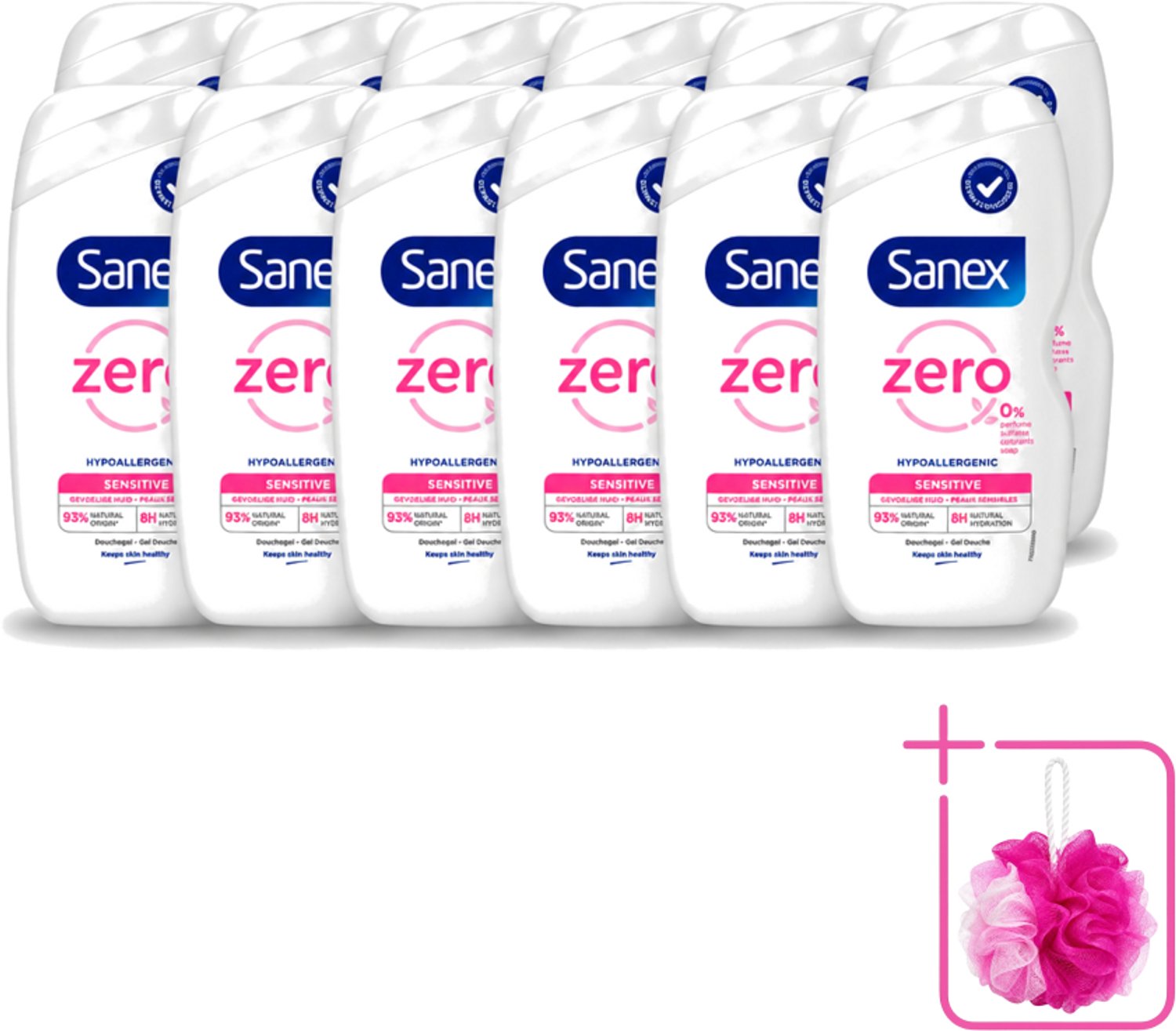 12 x Sanex Zero% - Douchegel - Gevoelige Huid - 0% Parfumsulfaten - Hypoallergeen - 400 ml - Bulkverpakking - Gevoelige huid - Douchemop - Hypoallergene douchegel