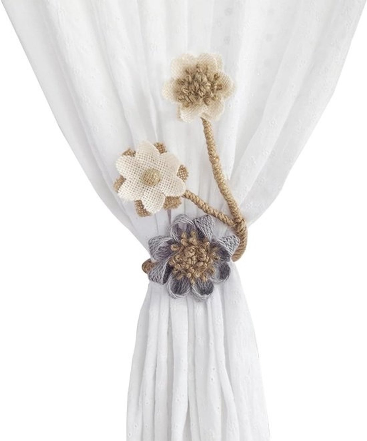 Gordijn Tiebacks - Gordijnband Decoratief Touw - Gordijnen Stijlvol Ophangen - Handgemaakte Boho Bloemvorm - 41 cm - Blauw-grijs