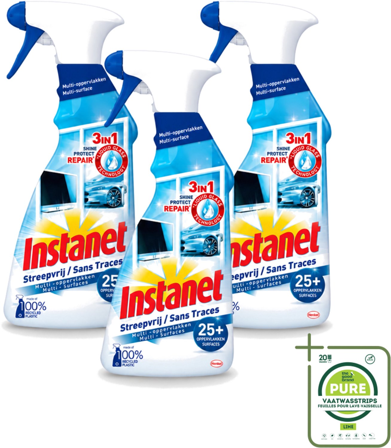 3 x Instanet - Schoonmaakspray - Streepvrij - 3 in 1 - Multi-Oppervlakken - 725 ml - Grootverpakking - Vaatwasstrips - Schoonmaak Spray - Glas Reinigen - Streepvrije Reiniger - Tv Scherm Reinigen - Spiegel Reinigen