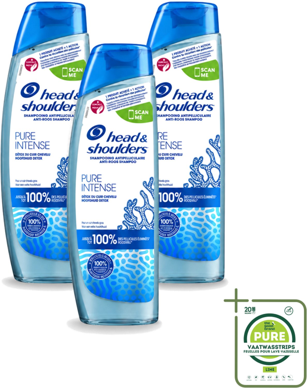 3 x Head & Shoulders - Anti-Roos Shampoo - Pure Intense - Hoofdhuid Detox - 250 ml - Grootverpakking - Vaatwasstrips - Hoofdhuid Detox - Roosbestrijding - Hoofdhuid Reinigen - Schone Hoofdhuid - Haar Gezond